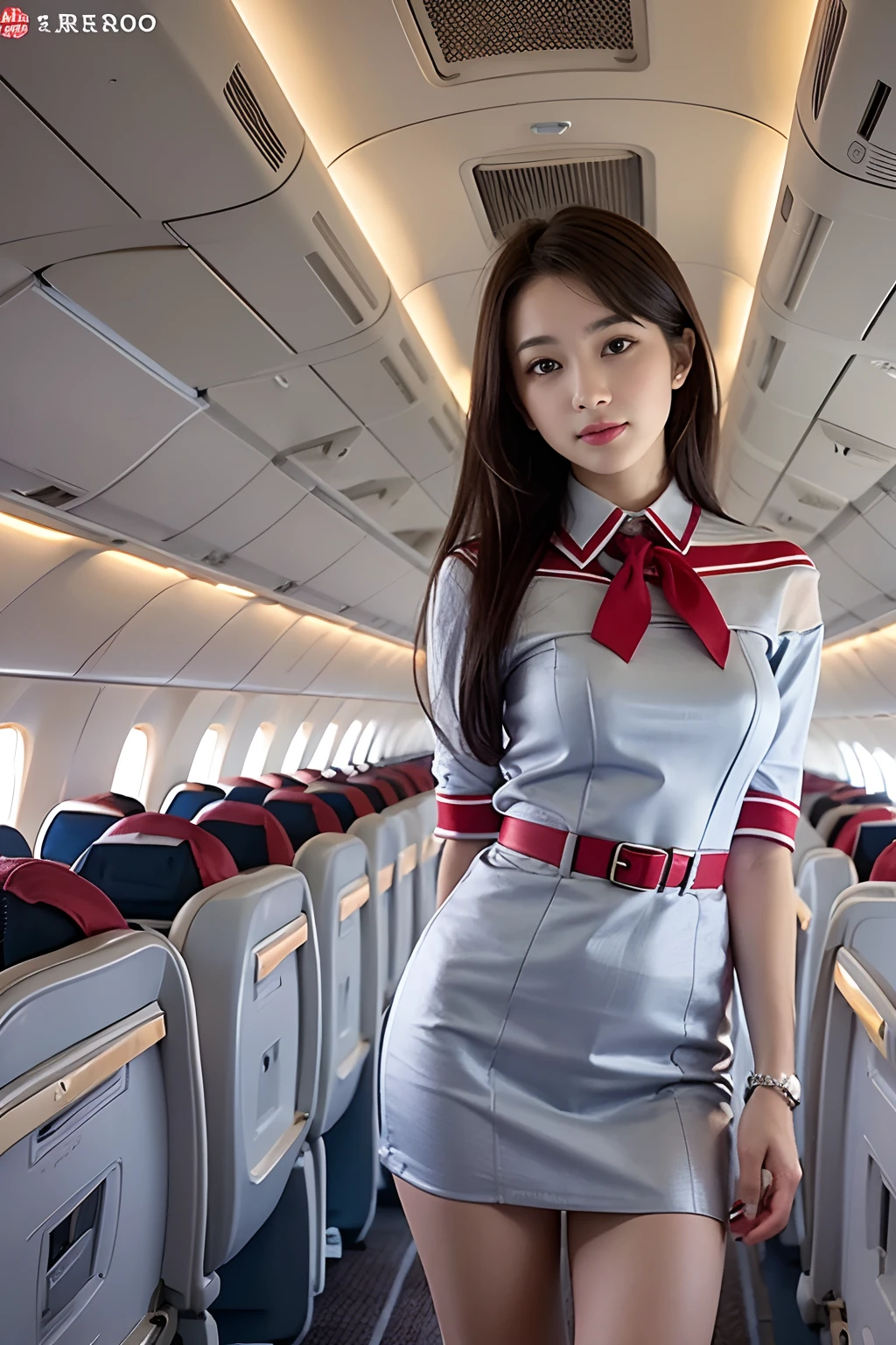 Top Quality, Masterpiece, 8K, Ultra High Definition, (Photorealistic: 1.4), 1 Girl, Beautiful Face, Symmetrical Eyes, Big, Perfect Body Proportions, Stewardess Uniform, Viewer's Look, (Inside the Airplane: 1.2), Front View, Shoulder Jump, Absolute Area (1.3),