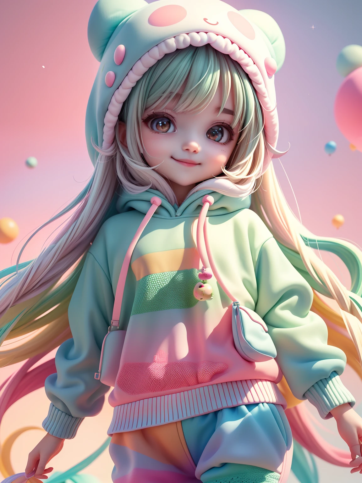 (masterpiece), (top-quality), (ultra-detailliert), (full bodyesbian: 1.2) Beautiful and cute girl, Fruit theme, hoods, Colorful sweatshirts, Knitted jumpsuit, Pants, jaket, blouse, Clear smile, full bodyesbian, :3, Pastel tone background , Colorful and simple.