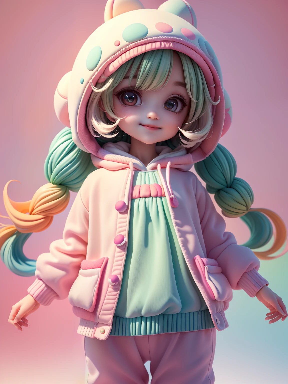 (masterpiece), (top-quality), (ultra-detailliert), (full bodyesbian: 1.2) Beautiful and cute baby girl, Fruit theme, hoods, Colorful sweatshirts, Knitted jumpsuit, Pants, jaket, blouse, Clear smile, full bodyesbian, :3, Pastel tone background , Colorful and simple.