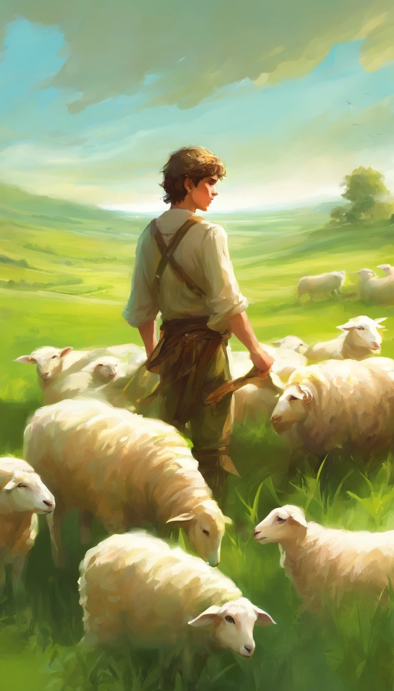 Illustrate David as a young shepherd boy tending to his sheep in a lush green field. Make sure to capture his kindness and musical talent.