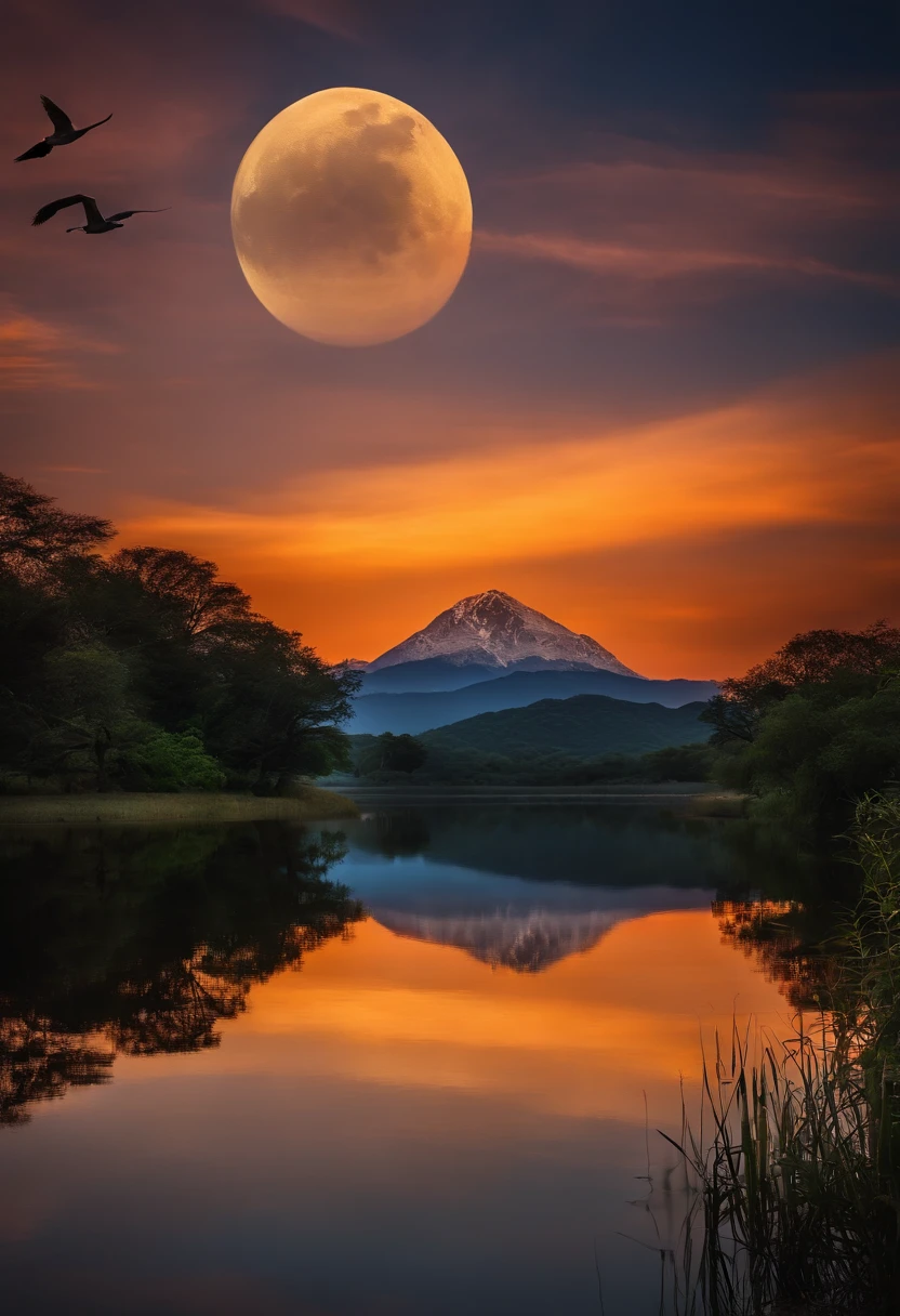 Noite muito estrelada. A huge moon behind the mountain. Um lago tranquilo reflete a noite. The sunset is accompanied by flying cranes. Cenas realistas, detalhe, fotorrealismo, 8k