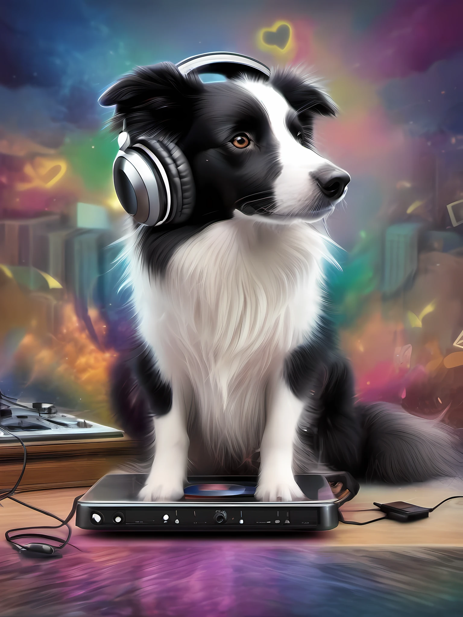 um cachorro Border Collie, pintura estilo 3D aquarela, DJ dog listening to music, DJ Border Collie Dog, imagem completa, High resolution high contrast (fotorrealista:1.5), (Foto RAW, 8k UHD,
