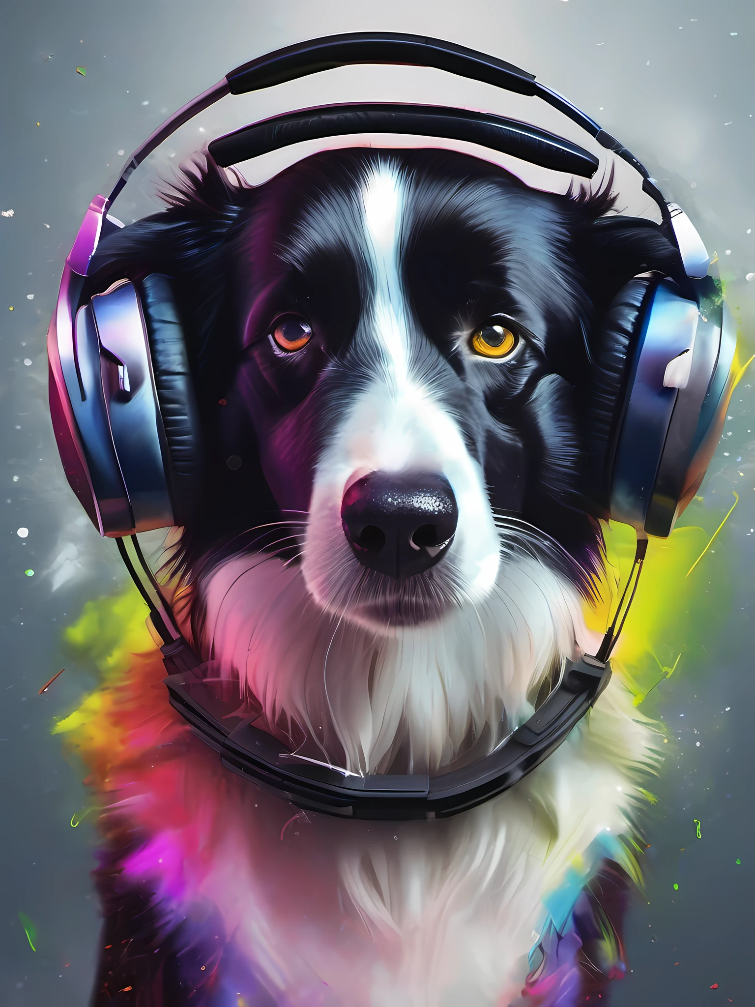 um cachorro Border Collie, pintura estilo 3D aquarela, DJ dog listening to music, DJ Border Collie Dog, imagem completa, High resolution high contrast (fotorrealista:1.5), (Foto RAW, 8k UHD,