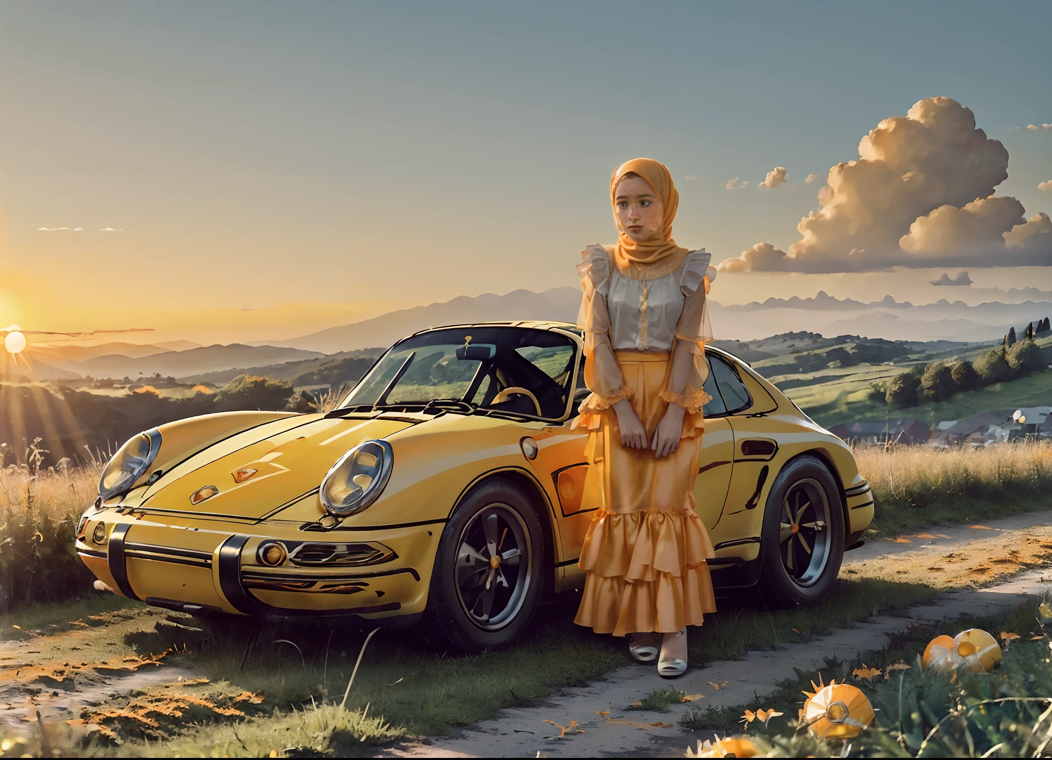 (((masterpiece))), (a girl stand leaning against front a (yellow-orange vintage porsche car:1.7)), girl focus, solo girl, ((hijab, see through white frilly shirt:1.3), full body, (pink maxi satin skirt:1.2), (sweat)), (flashing panty:1.3), 25 years old, (beautiful puffy clouds,  sunset sky), (sunset, lush autumn hillside background:1.5), ((small chest, slim, thin body)), (photography, realistic, bokeh, blur), (cenimatic lights, soft lights, detailed lighting:1.3)