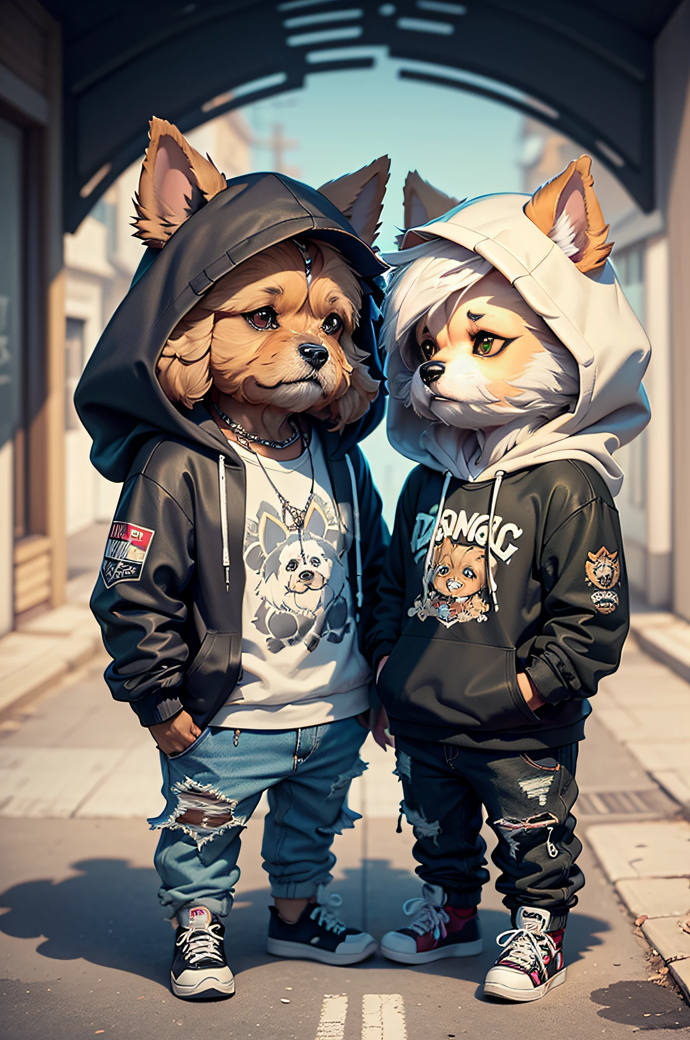 C4tt4stic,Wear trendy hip-hop clothes, Wearing a hoodie, Graphic t-shirt and ripped jeans cartoon of two cool and trendy dogs talking to each other、Dog breed Yorkshire Terrier(Detailed appearance of the Yorkshire Terrier)