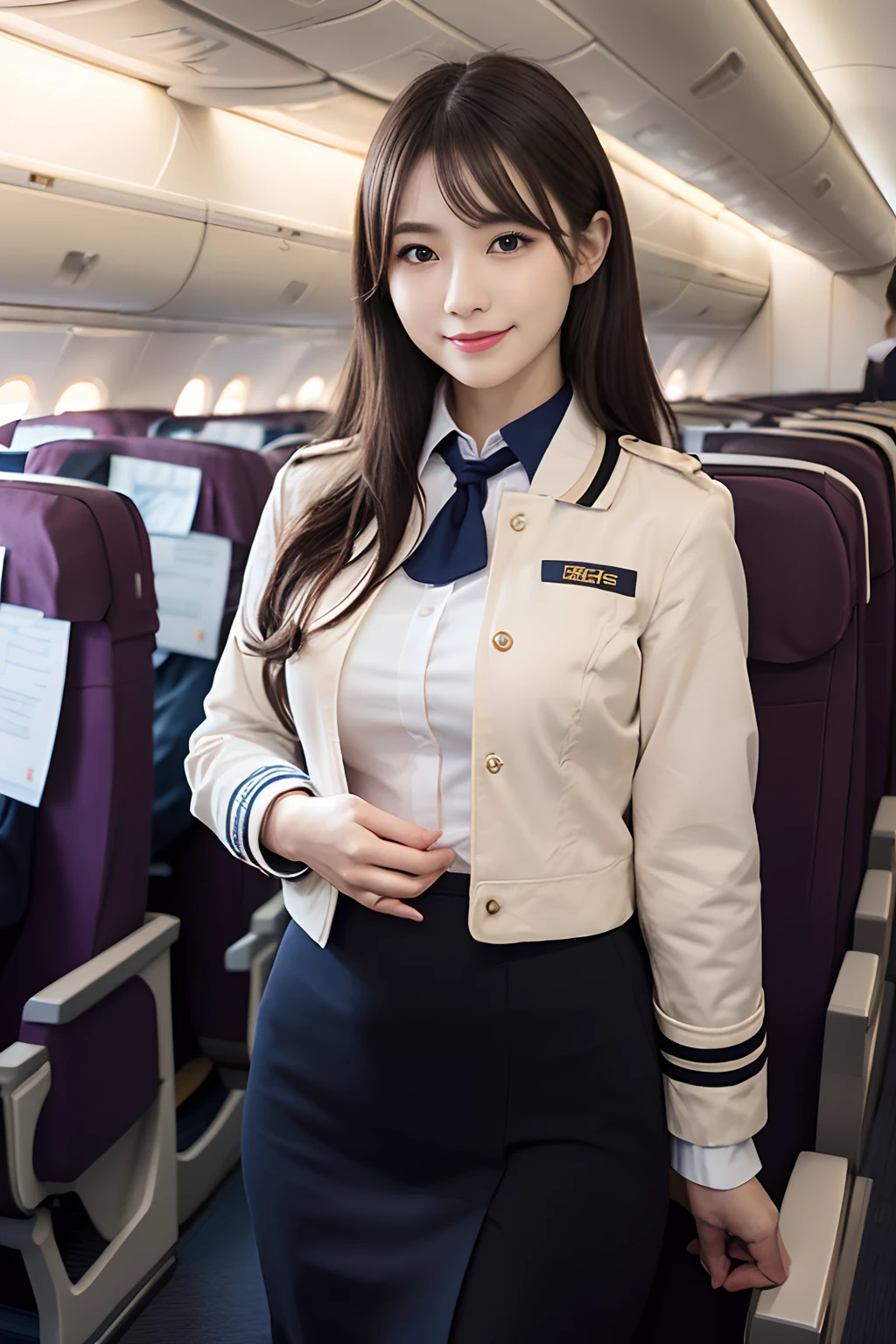 (8K, best quality, masterpiece:1.2), (realistic, photo-realistic:1.37), (high color saturation:1.0), (highly detailed skin), (highest quality:1.0), (ultra high resolution:1.0) ,(realistic:1.0), (Super detailed:1.0), (8K, Raw photo:1.1)、standing random pose, smiling, natural breast, perfect lighting, 3girls, 24years old, (mysterious), clear and detailed, ((ANA_Cabin Crew, blue flight attendant_uniform)), beige pantyhose, (aircraft, aircraft seats), cute face, squat , (pick up handkerchief), white panties,