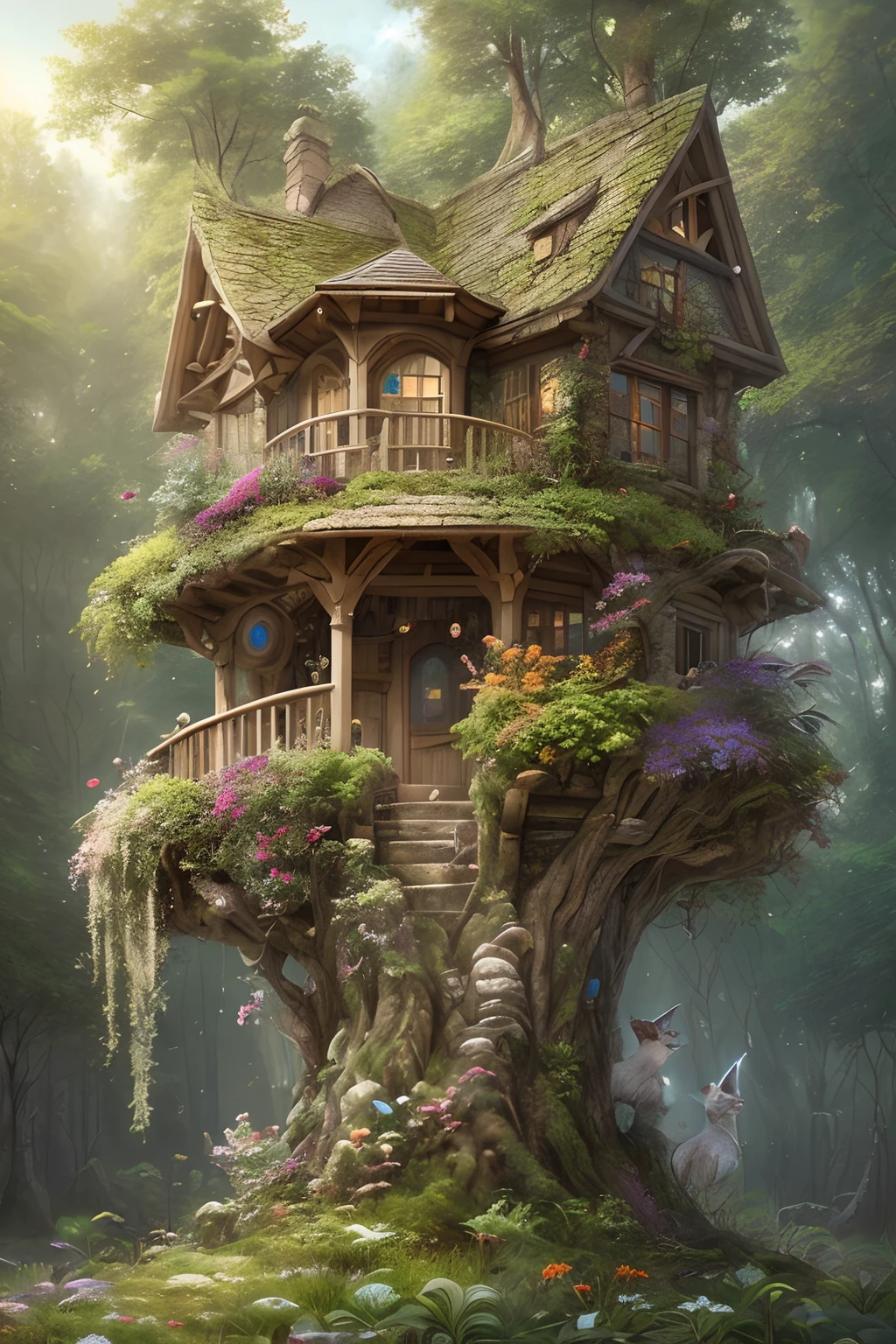 Ancient marble pedestal in fairy forest, Beautiful forest coop, Root knot, vibrant colours, Rough trees, Fractional lush leafy plants, Natural sunlight, intricate detailed, hyperrealistic digital art, Many small colorful flowers., (oversaturated:1.2), By Jean-Baptiste Monge, Gilles Beloeil, Tyler Edlin, Marek Okon, pixar, album cover, cartoon style, golden ratio, perfect composition, master-piece, trending on artstation