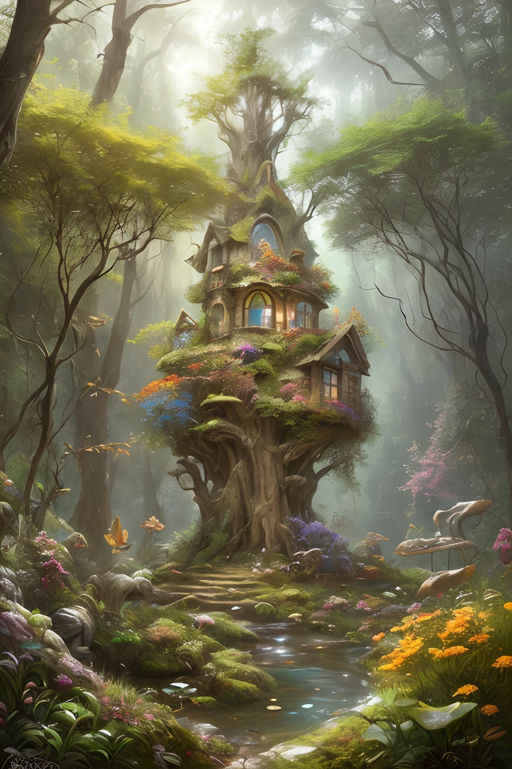 Ancient marble pedestal in fairy forest, Beautiful forest coop, Root knot, vibrant colours, Rough trees, Fractional lush leafy plants, Natural sunlight, intricate detailed, hyperrealistic digital art, Many small colorful flowers., (oversaturated:1.2), By Jean-Baptiste Monge, Gilles Beloeil, Tyler Edlin, Marek Okon, pixar, album cover, cartoon style, golden ratio, perfect composition, master-piece, trending on artstation
