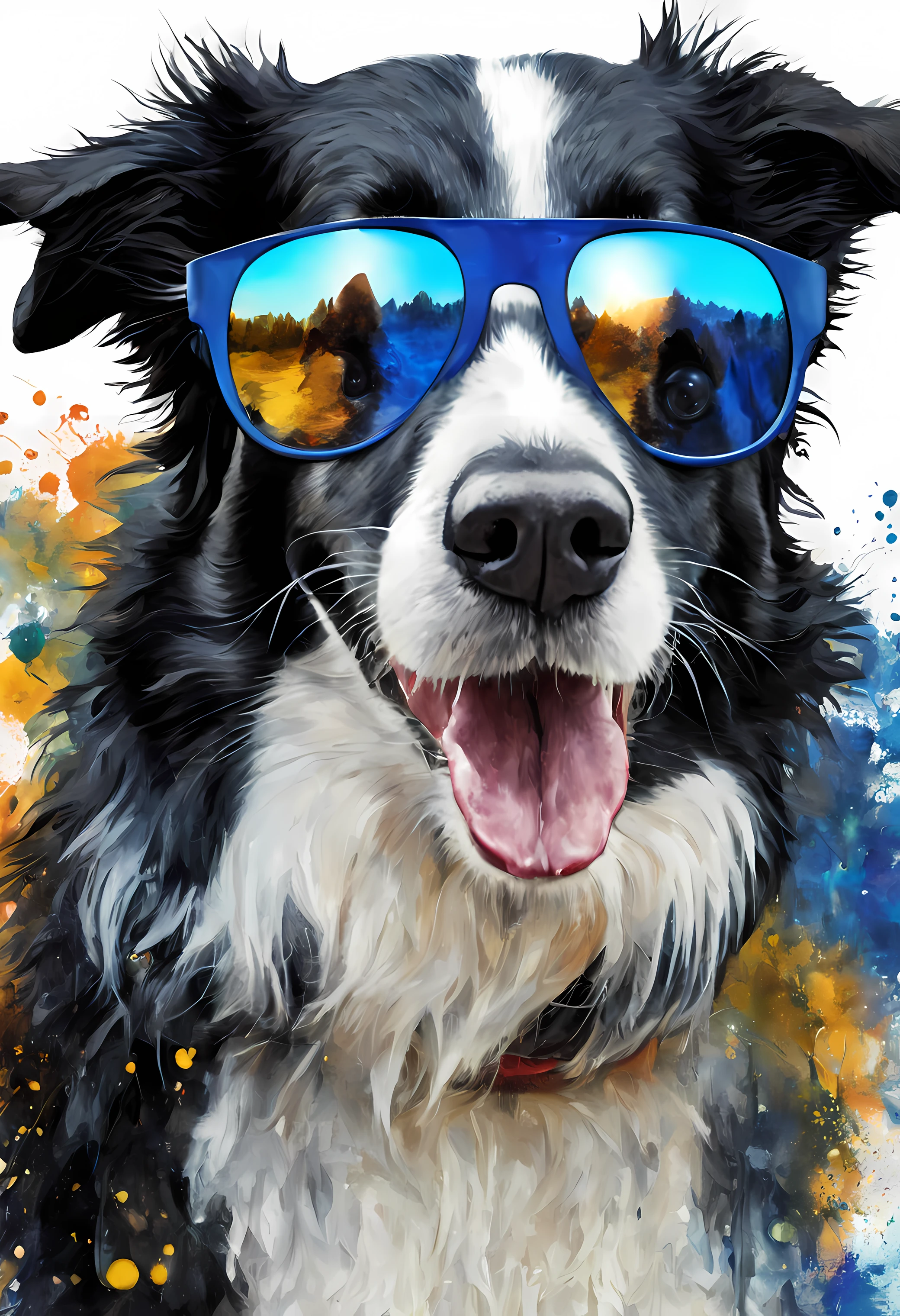 um cachorro Border Collie, pintura estilo 3D aquarela, Dog wearing blue DJ glasses, Collie dog wearing a pair of glasses , imagem completa, High resolution high contrast (fotorrealista:1.5), (Foto RAW, 8k UHD,