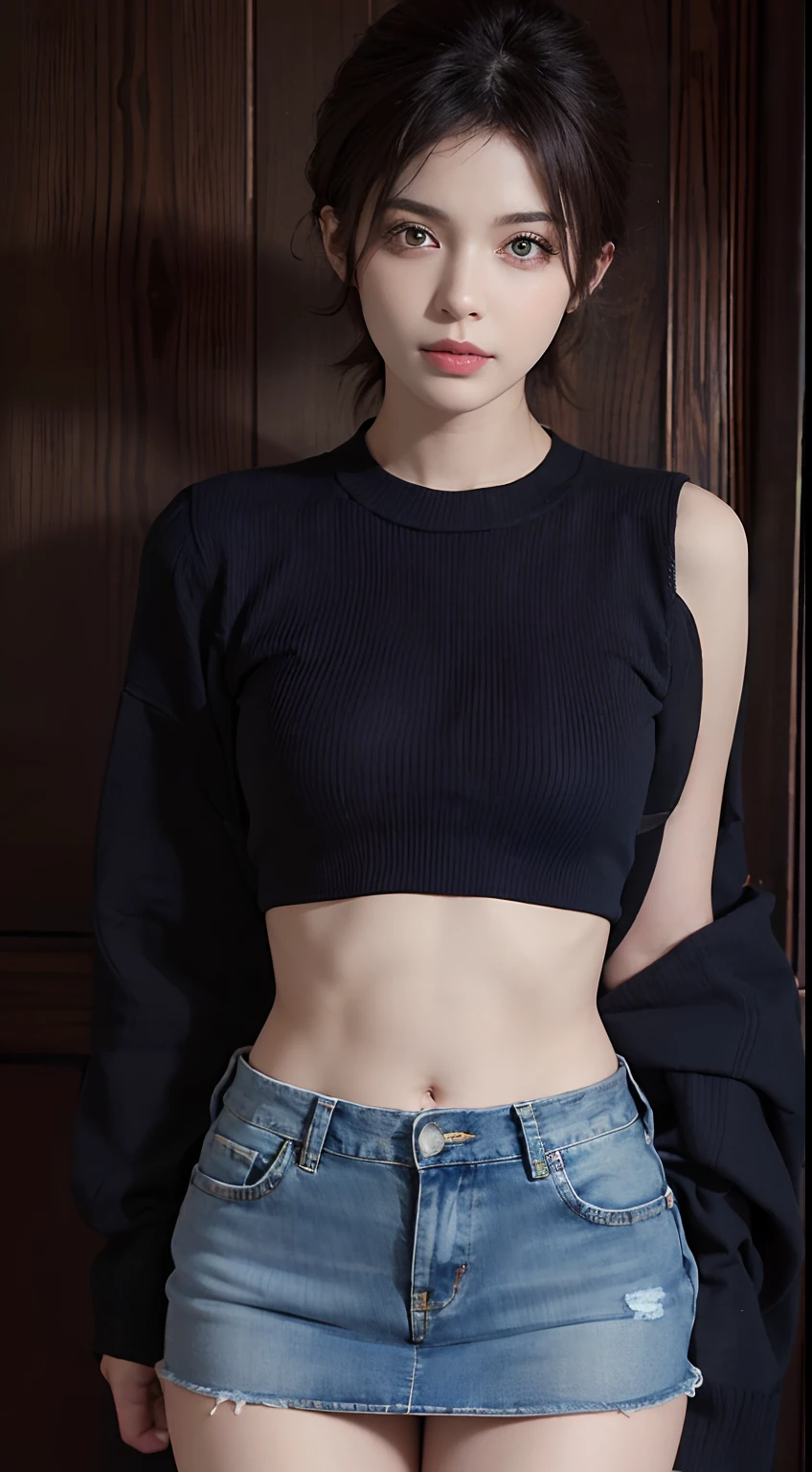 (masuter piece:1.3)、(8K、Photorealsitic、Raw photography、top-quality: 1.4)、(1girl in)、beautiful countenance、(Lifelike face)、(A dark-haired、short-hair)、
Beautiful hairstyle、realisticeyes、Beautiful details、(real looking skin)、Beautiful skins、absurderes、enticing、超A high resolution、A hyper-realistic、high-detail、the golden ratio、
((wide open abdomen))、((open abdomen))、((wide open navel))、((open navel))、((Mid-Riff Sweater))、((Ultra-low rise、Denim Mini Skirt))、
((Navel Ejection))、((small hips))、((long limbs))、((small hip))、((Ultra-low rise))、((Denim Mini Skirt))、