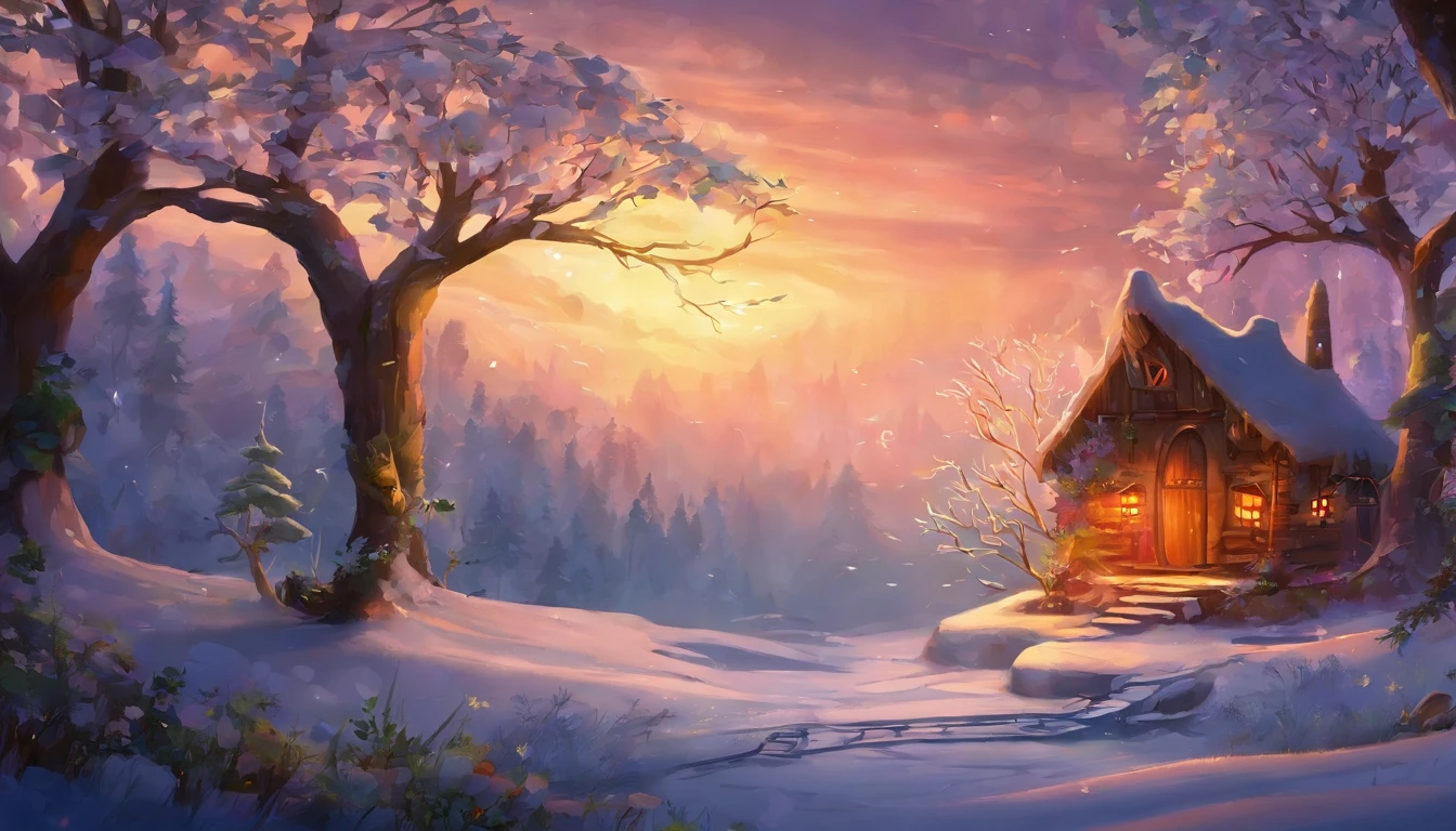 Painting of a cabin in the woods with a snowy landscape - SeaArt AI