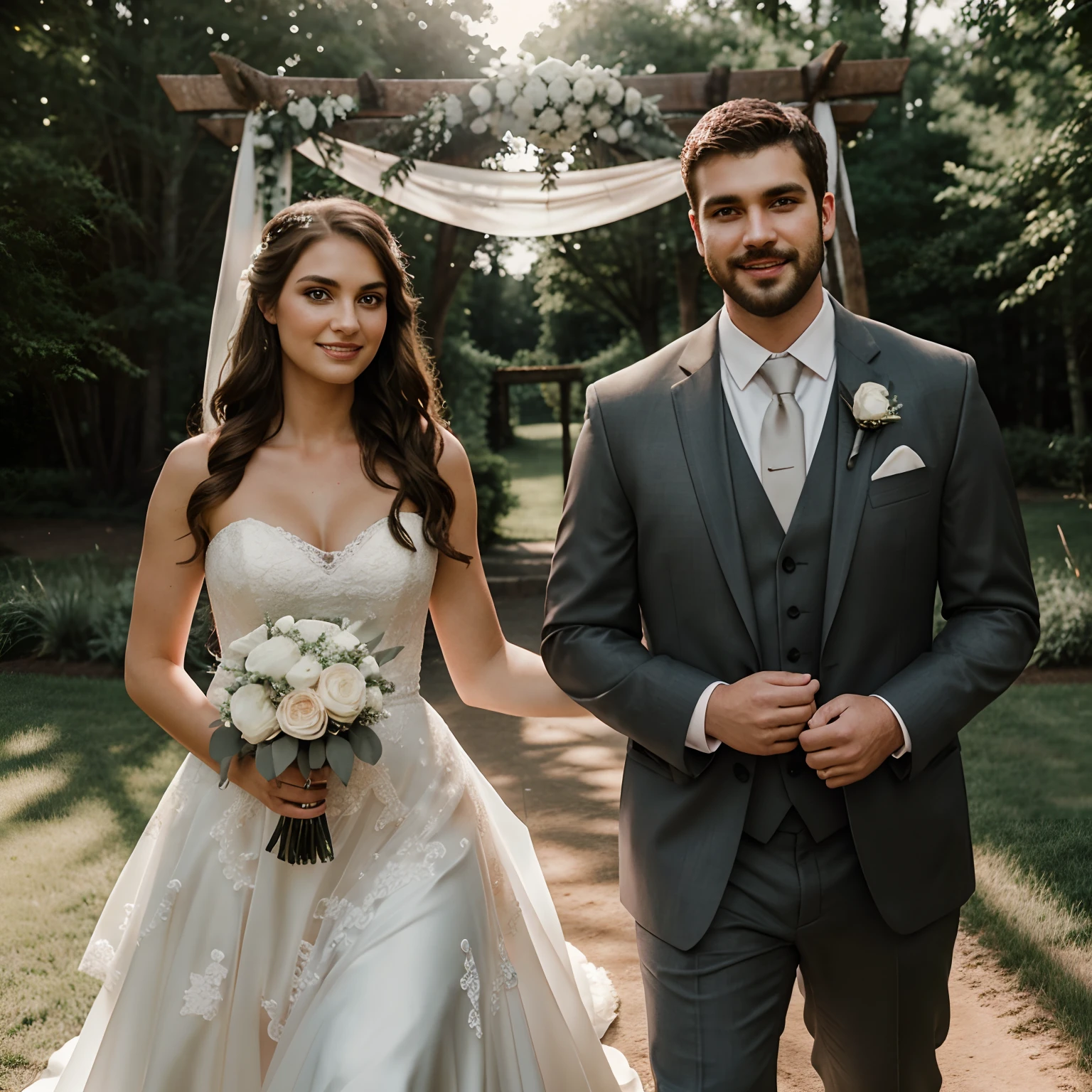 Full body photography of a stunning bride and her handsome husband, she is 5 foot 4 inch height, he is 6 foot 4 inch height, she is wearing a strapless lace wedding dress, she has full natural bust, she has natural makeup, she has wavy brunette hair, he is wearing a tailored charcoal suit, he has a athletic build, he has groomed short beard, both standing at the alter of a rustic outdoor summer wedding, intense look, both smiling, looks into the camera, symmetrical eyes, symmetrical face, photorealistic, photography, path tracing, specular lighting, volumetric face light, path traced hair, visible shadows, intricate, elaborate, hyper realistic