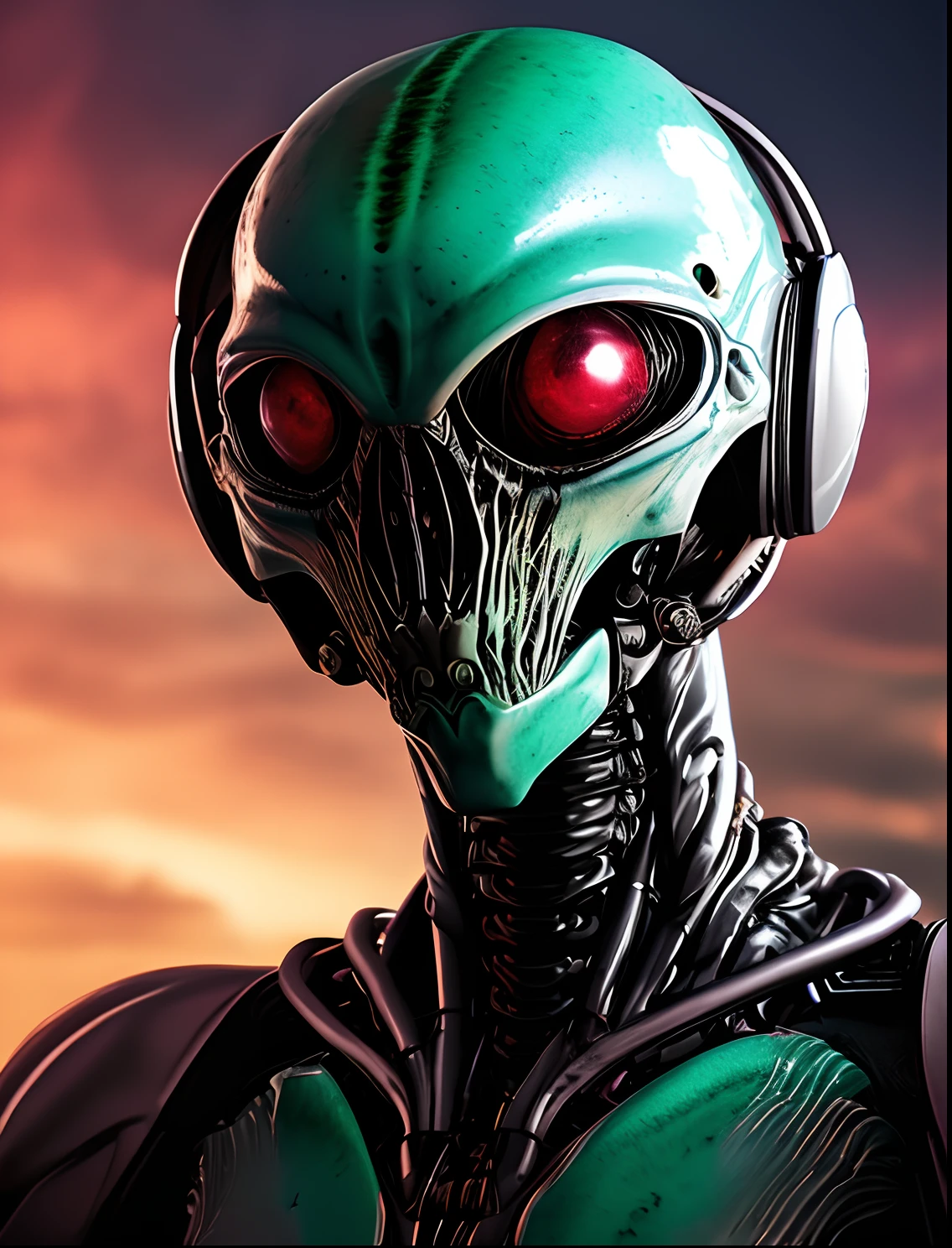 (melhor qualidade,alto,ultra-detalhado),Portrait of alien creature,tipo peixe,tamanho grande,paisagem da praia,sea of alien green water,cinco olhos brilhantes,dentes espetados,escamas escabrosa colorida,red skies,retrato,horror,artistas conceituais,vivid colors,foco nítido,studio lighting