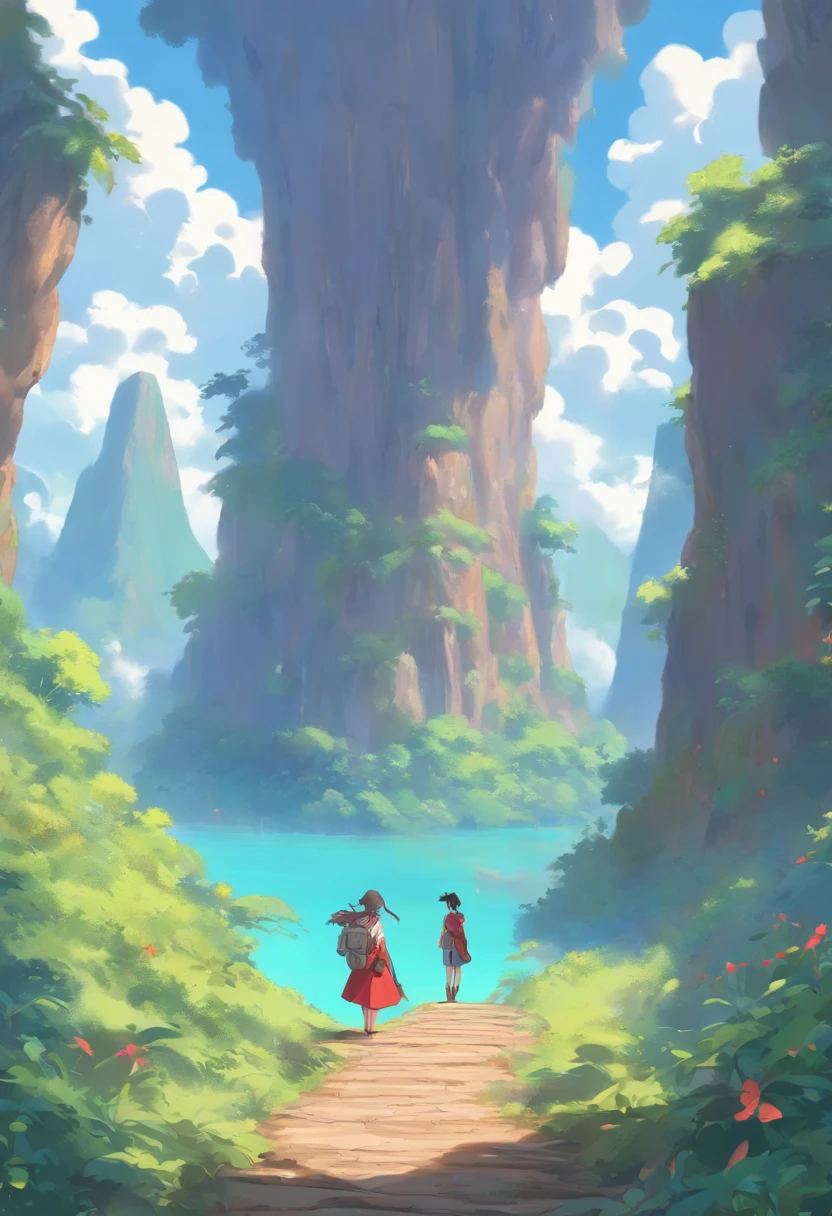 In the foreground there is
A 1 meter 60 brunette girl in a red skirt with curly hair half long up to the shoulder who carries a backpack, with a stick in his right hand, A large pale green frog 1 meter next to the girl on a zigzag path of brown sandy earth with beautiful gray rocks on the edges all along the way in the middle of a forest. The path leads to a lagoon of volcanic turquoise water from a large mountain that looks like a volcano having a large waterfall in the center falling into the lagoon, with two other small waterfalls on the sides of the Grande Montagne, Seven birds far in the sky in the background, un cercle de petit nuages autour du sommet de la montagne, et des plantes violette mauve et rose pale qui entour le lagon. Un phoenix rouge et bleu brillant qui sort du lagon pour s'envoler,
Zen theme, merveilleux