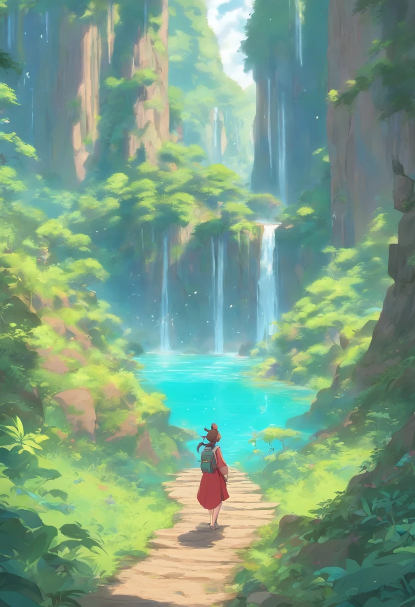 In the foreground there is 
A 1 meter 60 brunette girl in a red skirt with curly hair half long up to the shoulder who carries a backpack, with a stick in his right hand, A large pale green frog 1 meter next to the girl on a zigzag path of brown sandy earth with beautiful gray rocks on the edges all along the way in the middle of a forest. The path leads to a lagoon of volcanic turquoise water from a large mountain that looks like a volcano having a large waterfall in the center falling into the lagoon, with two other small waterfalls on the sides of the Grande Montagne, Seven birds far in the sky in the background, un cercle de petit nuages autour du sommet de la montagne, et des plantes violette mauve et rose pale qui entour le lagon. Un phoenix rouge et bleu brillant qui sort du lagon pour s'envoler, 
Zen theme, merveilleux