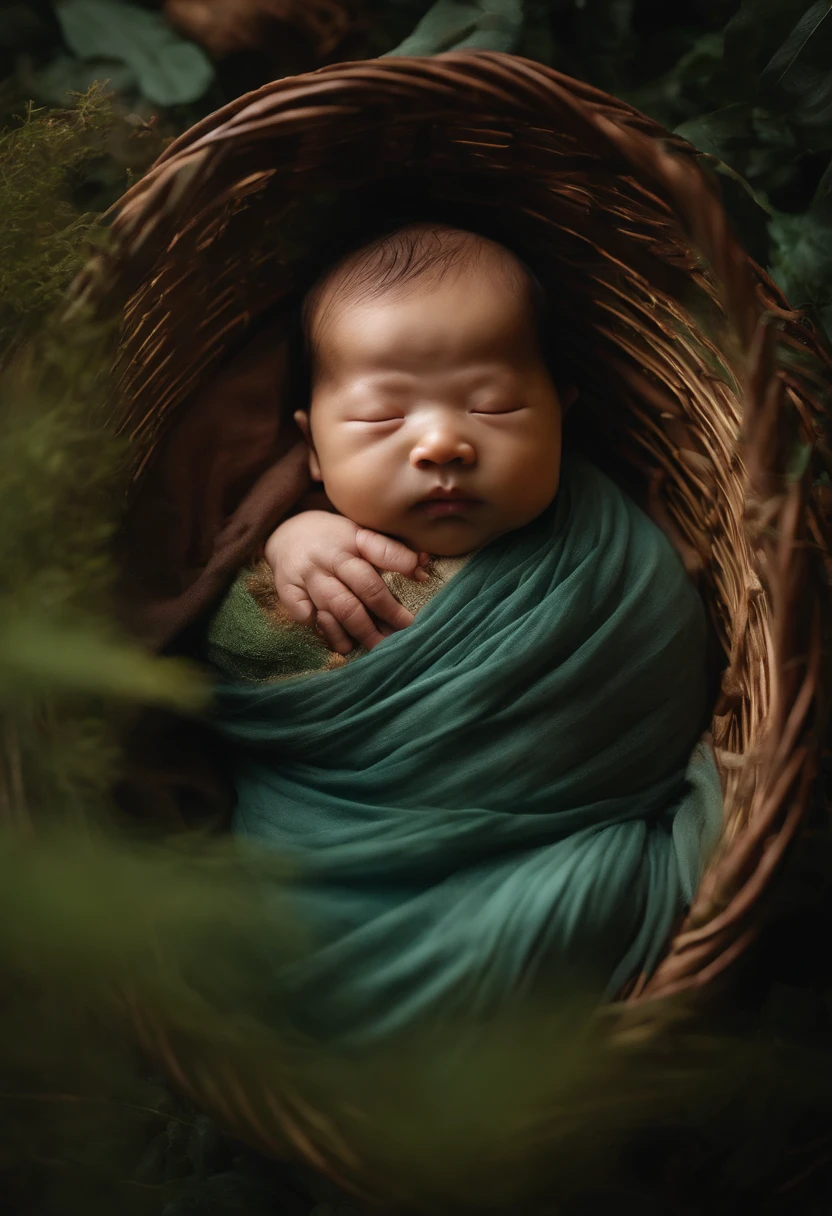 A Chinese newborn，The body is wrapped in soft animal hair，In the "Forest of Dreams"，The surroundings are full of life，vibrant with colors