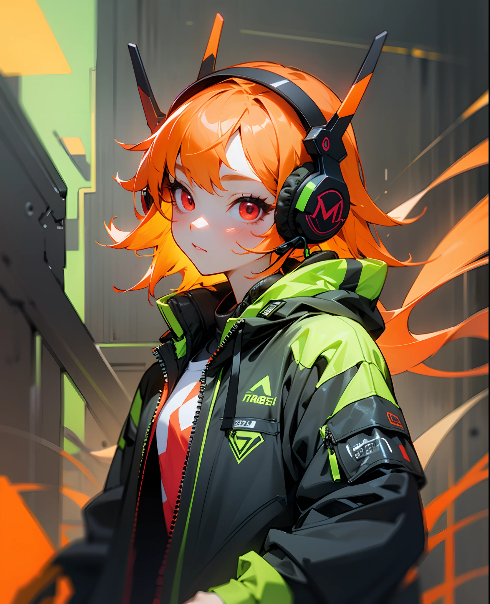 girl with、Wear neon headphones、（（orange color hair）），Please wear a green Tech jacket，Red Eyes