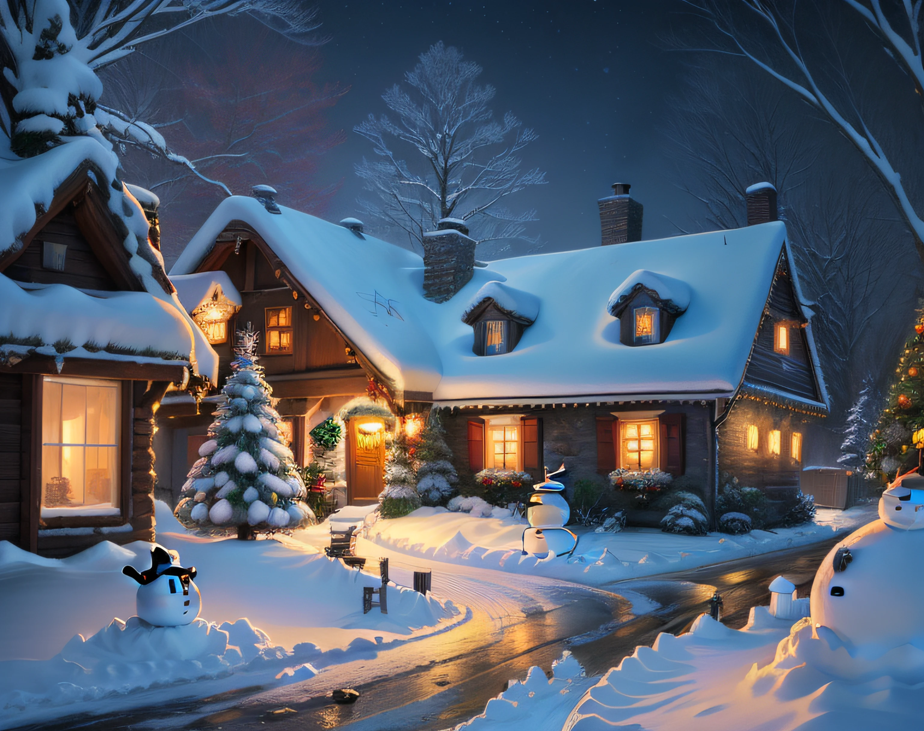 arafed house with a christmas tree and a snowman in the yard, winter scene fantasy, by senior artist, santa's workshop, cottage in the forest, cosy enchanted scene, elves house, flowery cottage, idyllic cottage, cottage, snowy winter christmas night, magical village, cottage town, beautiful artist rendering, !!beautiful!!, house in forest, tomas kinkade