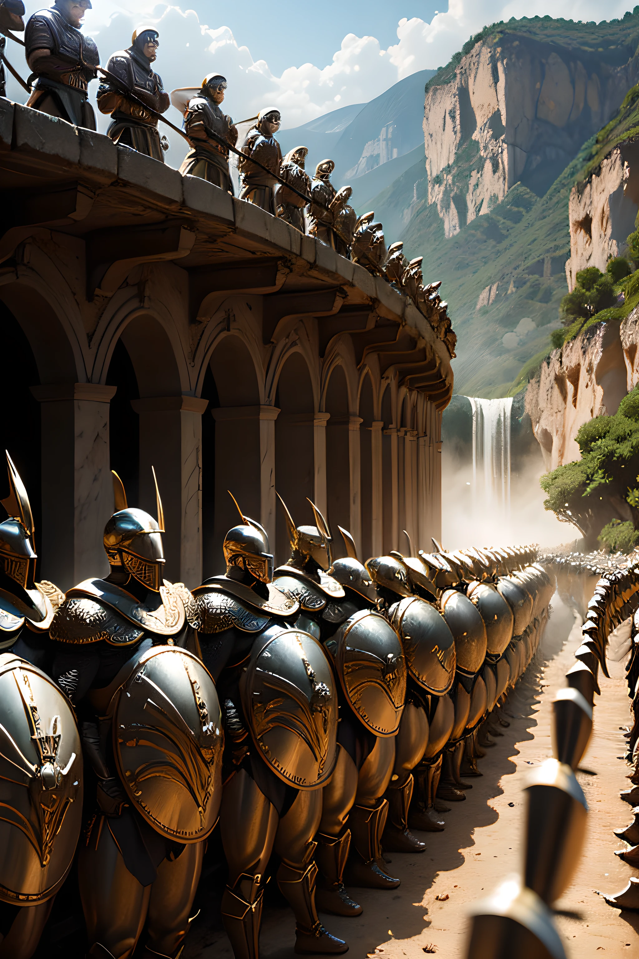 An artistic depiction of the 300 Spartans led by Leonidas forming a human wall with gleaming shields in the gorge of Thermopylae.