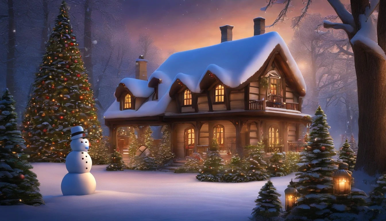 Arafed house with a Christmas tree and a snowman in the backyard, fantasia de cena de inverno, by senior artist, Oficina do Papai Noel, Casa de campo na floresta, cena encantada aconchegante, Casa dos Elfos, Casa florida, idyllic cottage, casinha, Noite de Natal de inverno nevada, magical village, Cidade Cottage, beautiful artist rendering, !!Beautiful!!, Casa na floresta, tomas kinkade