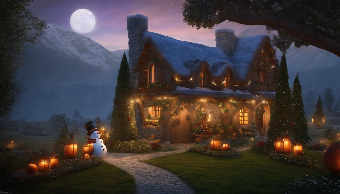 Arafed house with a Christmas tree and a snowman in the backyard, fantasia de cena de inverno, by senior artist, Oficina do Papai Noel, Casa de campo na floresta, cena encantada aconchegante, Casa dos Elfos, Casa florida, idyllic cottage, casinha, Noite de Natal de inverno nevada, magical village, Cidade Cottage, beautiful artist rendering, !!Beautiful!!, Casa na floresta, tomas kinkade