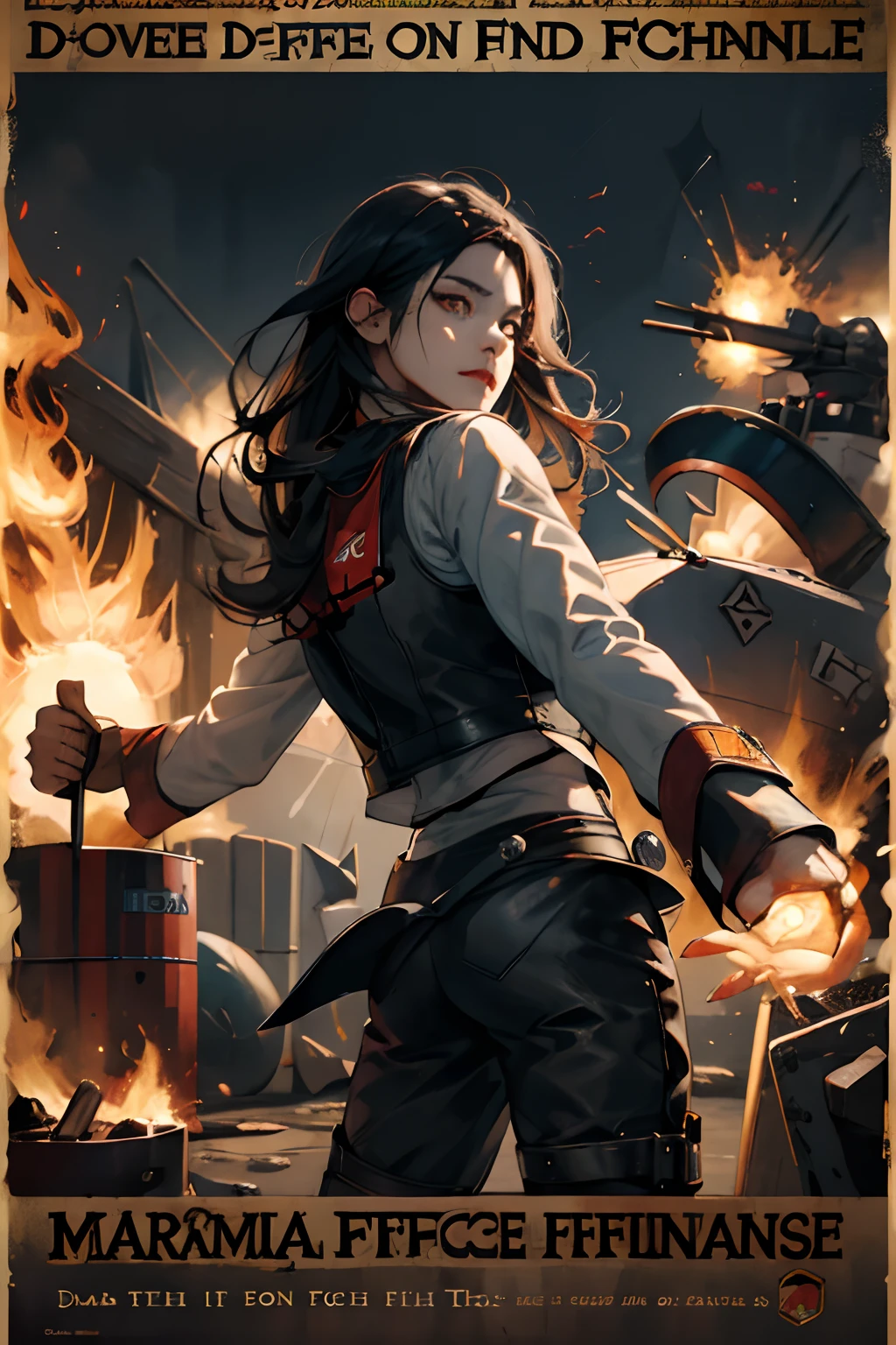 ((((((Maritime Self-Defense Force poster))))))、(absurderes、hight resolution、ultra-detailliert)、1womanl、a matural female、Age up、wavy and long hair、Split color hair、heterochromia iridis、bangss、long-sleeve、finely eye and detailed face、extremely detailed CG unified 8k wallpaper、intricate-detail、(style-rustmagic:0.8)、(medieval cyborg:0.8)、portlate、(bloody wounds:0.7)、Look at viewers、独奏、Half shot、细致背景、(Steampunk Theme:1.1)Determined representation、Dark Cooks Technomancer、 floating lights、Geared color leather vest、tech wear、jetpacks、Workshop in the background、Machines、gear、steams、Industry、tech、furnace、impurity、anvil、buttoning、levers、automaton、electricity、electric sparks epic atmosphere、、portlate