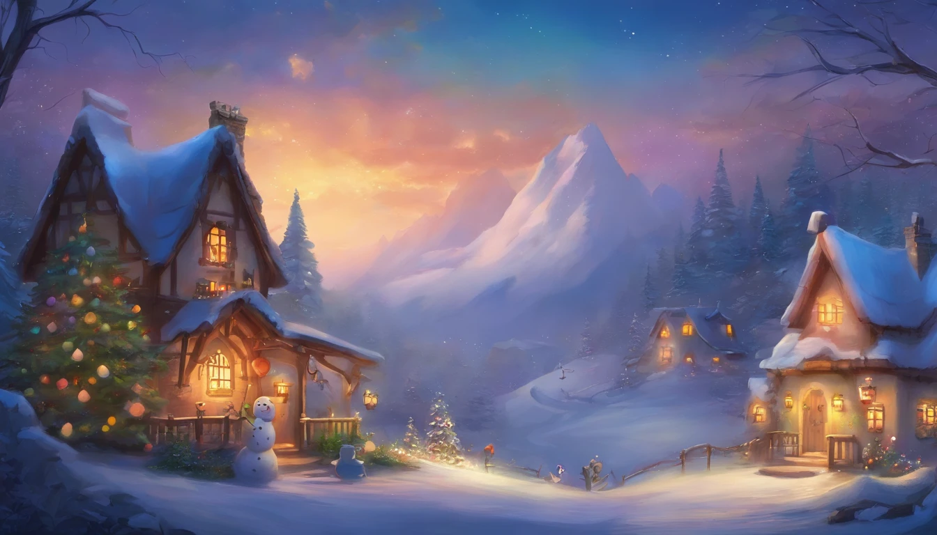 Arafed house with a Christmas tree and a snowman in the backyard, fantasia de cena de inverno, by senior artist, Oficina do Papai Noel, Casa de campo na floresta, cena encantada aconchegante, Casa dos Elfos, Casa florida, idyllic cottage, casinha, Noite de Natal de inverno nevada, magical village, Cidade Cottage, beautiful artist rendering, !!Beautiful!!, Casa na floresta, tomas kinkade