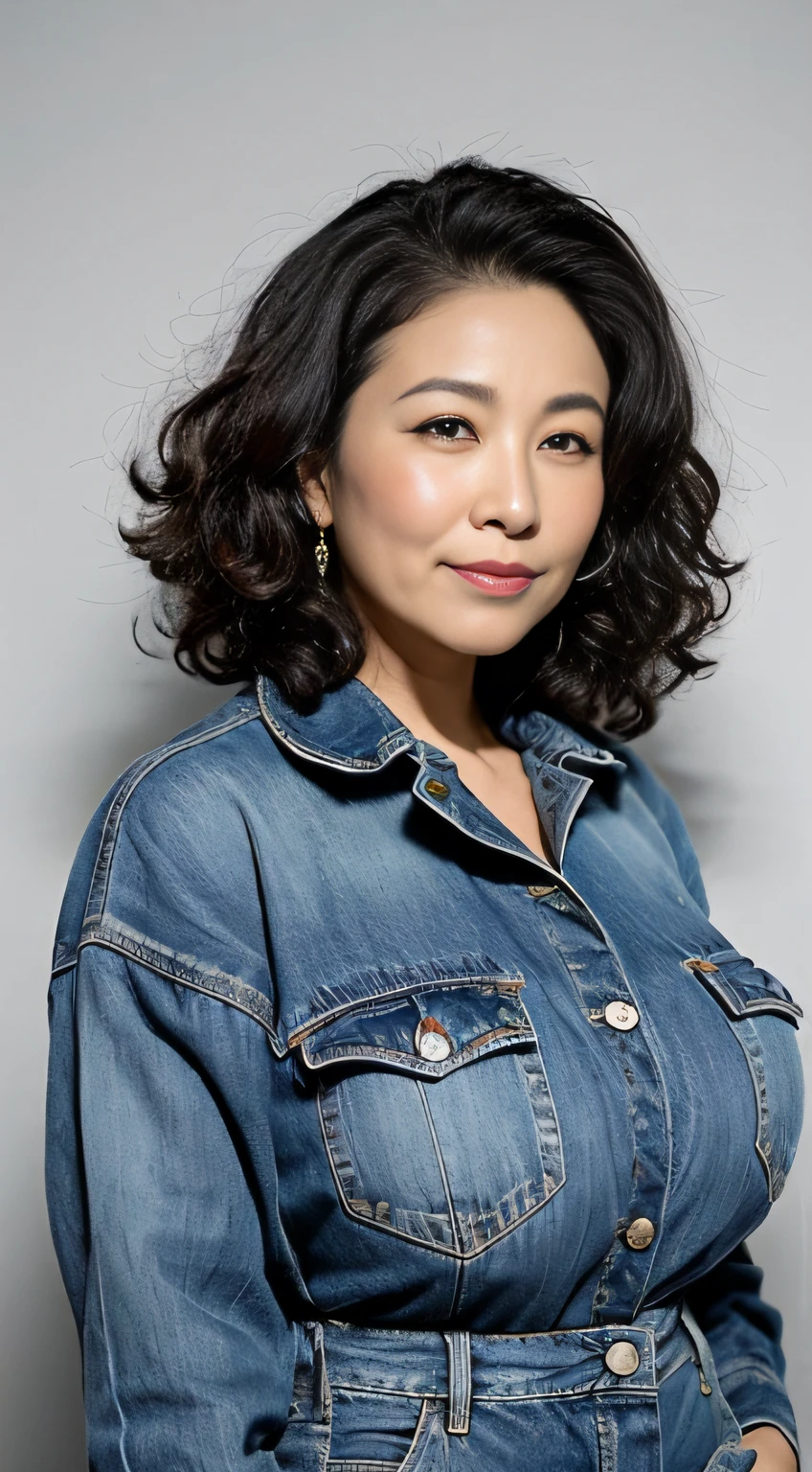 ((Best quality, 8K, Masterpiece, Portrait: 1.3)), (View viewers), Photorealism, Sharp focus, Solo, The Moro Islamic Liberation Front of Japan, Beauty,Wavy hair, Wrinkles at the corners of the eyes, to emphasize, ((Big breasts:1.3))),,30 years old, curlies, Wrinkled eyes, white tight t-shirt, denim pant((looking at viewert))