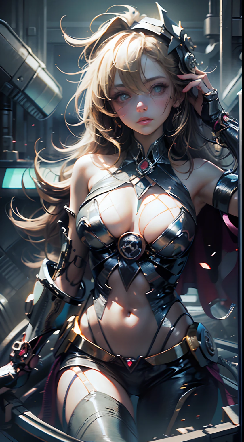 NSFW chica maga oscura, Cubierta de cristal, parte superior del cuerpo, Disparo lateral, Color alternativo, obra maestra, detailed illustration, realista, Pixiv Calidad superior, exquisito, {{{Linda 1chica Maga Oscura}}}, Super beauty merging with the machine, Elaborate shabby chic pattern, Mujer hermosa y brillante, Half of my body is made of machine, Cuerpo de vidrio transparente, The machine inside is transparent, cinematic lighting, Dynamic Angle, dynamic  pose, Mundo de Cristal, profundidad de campo. Ara de magia al Fondo. Magical hearts