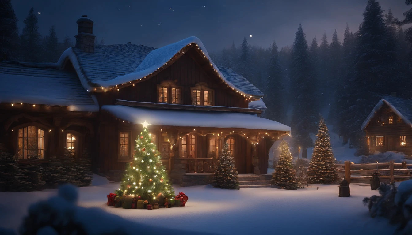 Arafed house with a Christmas tree and a snowman in the backyard, fantasia de cena de inverno, by senior artist, Oficina do Papai Noel, Casa de campo na floresta, cena encantada aconchegante, Casa dos Elfos, Casa florida, idyllic cottage, casinha, Noite de Natal de inverno nevada, magical village, Cidade Cottage, beautiful artist rendering, !!Beautiful!!, Casa na floresta, tomas kinkade