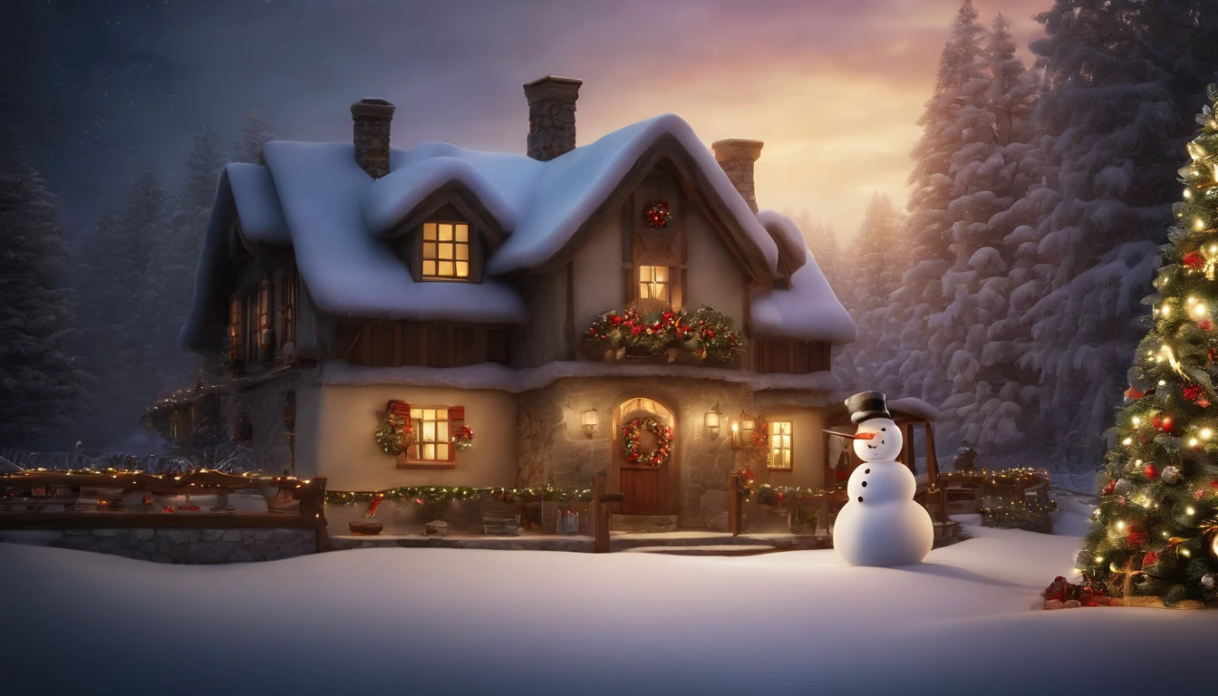 Arafed house with a Christmas tree and a snowman in the backyard, fantasia de cena de inverno, by senior artist, Oficina do Papai Noel, Casa de campo na floresta, cena encantada aconchegante, Casa dos Elfos, Casa florida, idyllic cottage, casinha, Noite de Natal de inverno nevada, magical village, Cidade Cottage, beautiful artist rendering, !!Beautiful!!, Casa na floresta, tomas kinkade