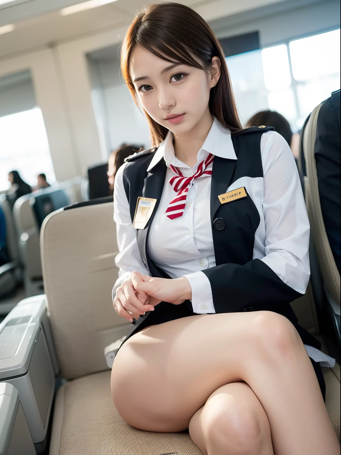 ((of the highest quality, 8K, masutepiece: 1.3, Raw photo)), Sharp Focus: 1.2, (1 AESPA Girl :1.1), Solo, (Realistic, Photorealistic: 1.37), (Face Focus: 1.1), Cute face, hyperdetailed face, Short messy hair, Small Smile, large full breasts, (Flight attendant uniforms: 1.1), Sitting, Thigh, (airport, terminal: 1.2),a miniskirt、