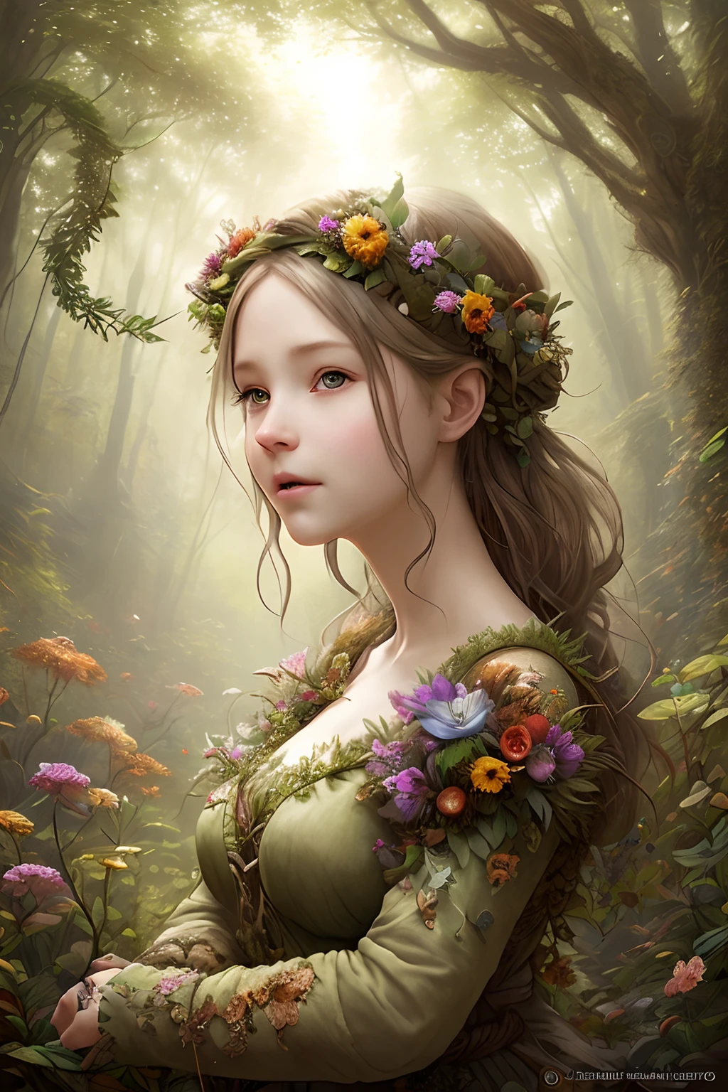 Forest Fairy, Beautiful forest coop, Root knot, vibrant colours, Rough trees, Fractional lush leafy plants, Natural sunlight, intricate detailed, hyperrealistic digital art, Many small colorful flowers.., (oversaturated:1.2), By Jean-Baptiste Monge, Gilles Beloeil, Tyler Edlin, Marek Okon, pixar, album cover, cartoon style, golden ratio, perfect composition, master-piece, trending on artstation