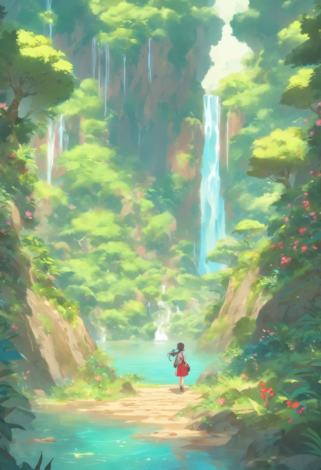In the foreground there is
A 1 meter 60 brunette girl in a red skirt with curly hair half long up to the shoulder who carries a backpack, with a stick in his right hand, A large pale green frog 1 meter next to the girl on a zigzag path of brown sandy earth with beautiful gray rocks on the edges all along the way in the middle of a forest. The path leads to a lagoon of volcanic turquoise water from a large mountain that looks like a volcano having a large waterfall in the center falling into the lagoon, with two other small waterfalls on the sides of the Grande Montagne, Seven birds far in the sky in the background, un cercle de petit nuages autour du sommet de la montagne, et des plantes violette mauve et rose pale qui entour le lagon. Un phoenix rouge et bleu brillant qui sort du lagon pour s'envoler,
Zen theme, merveilleux
