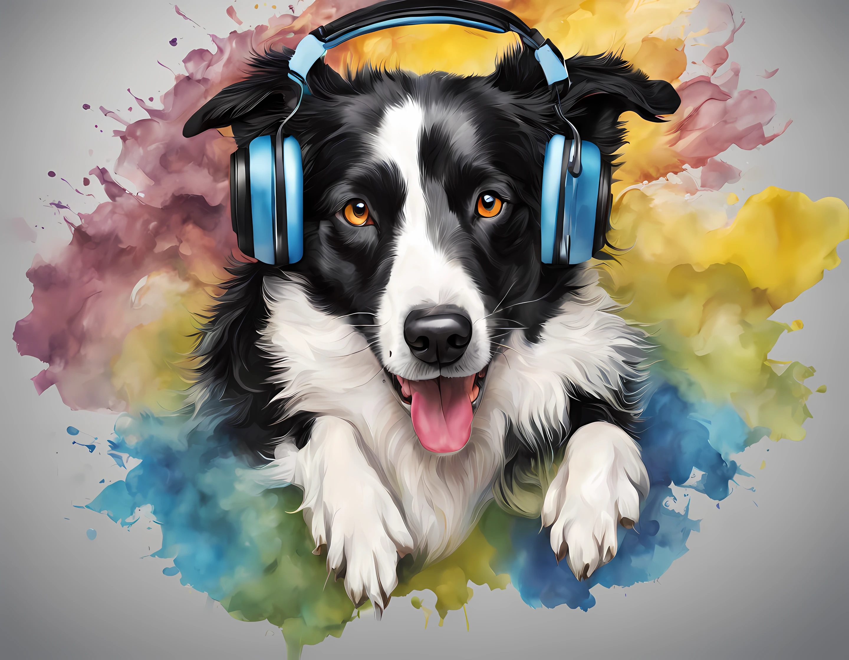 um cachorro Border Collie, pintura estilo 3D aquarela, DJ dog listening to music, imagem completa, High resolution high contrast (fotorrealista:1.5), (Foto RAW, 8k UHD,