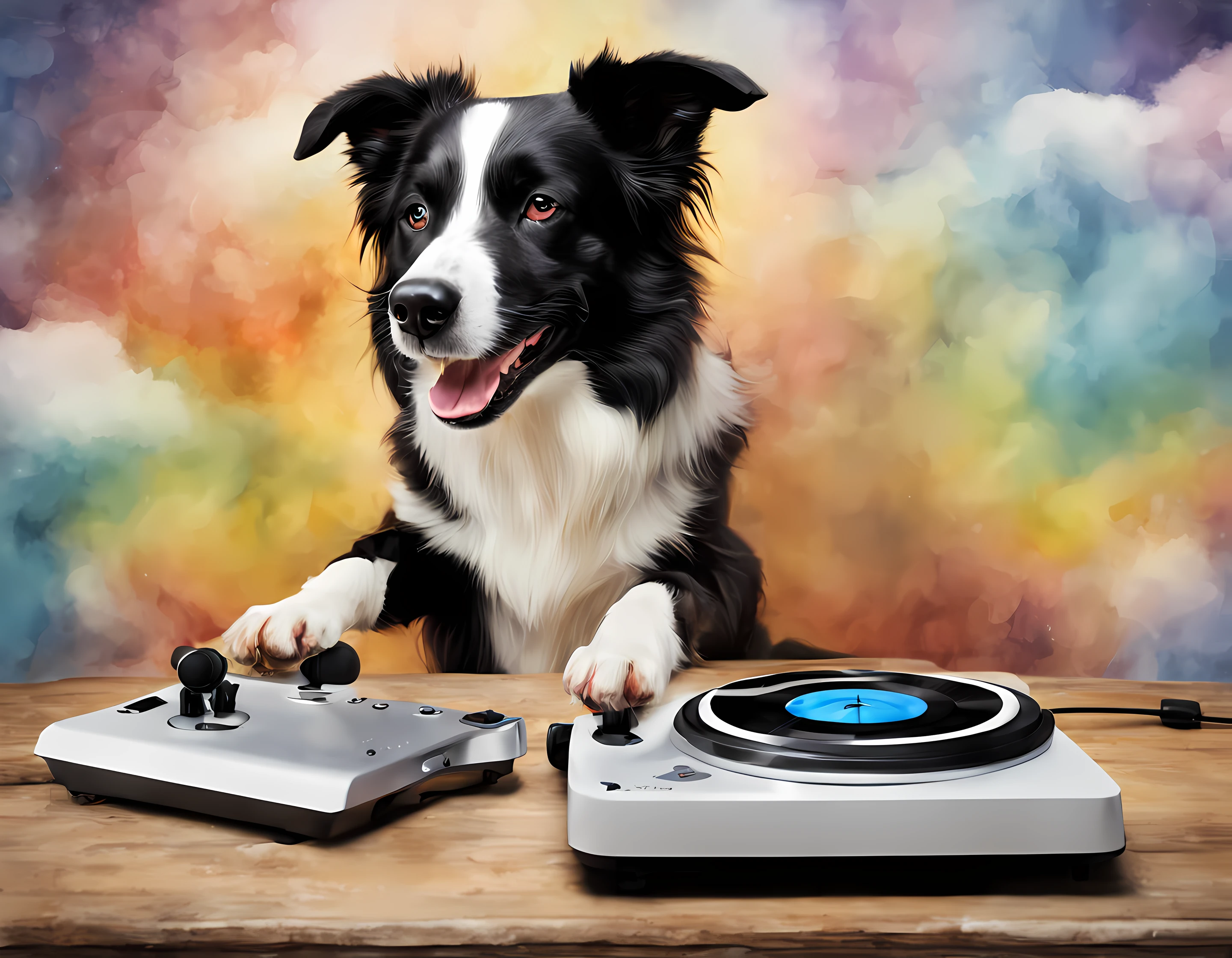 um cachorro Border Collie, pintura estilo 3D aquarela, DJ dog listening to music, imagem completa, High resolution high contrast (fotorrealista:1.5), (Foto RAW, 8k UHD,