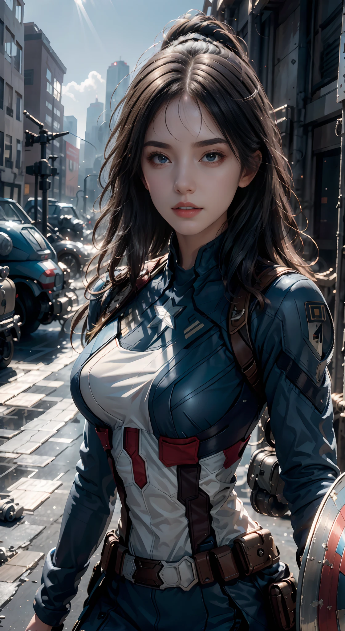 (1girl:1.3), solo, __body-parts__, official art, unified 8k wallpaper, super detailed, beautiful and aesthetic, beautiful, masterpiece, best quality, raw, masterpiece, super fine photo, best quality, super high resolution, photorealistic realism, sunlight, full-body portrait, amazing beauty, dynamic pose, delicate face, vibrant eyes, (from the front), ((she wears a futuristic Captain America jersey)), blue color scheme, (holding a shield), A capital A on chest, very detailed abandoned warehouse background, detailed face, detailed complex busy background, messy, gorgeous, milky white, highly detailed skin, realistic skin details, visible pores, sharp focus, volumetric fog, 8k uhd, DSLR camera, high quality, film grain, fair skin, photo realism, lomography, huge metropolis in future dystopia, seen from below, translucent