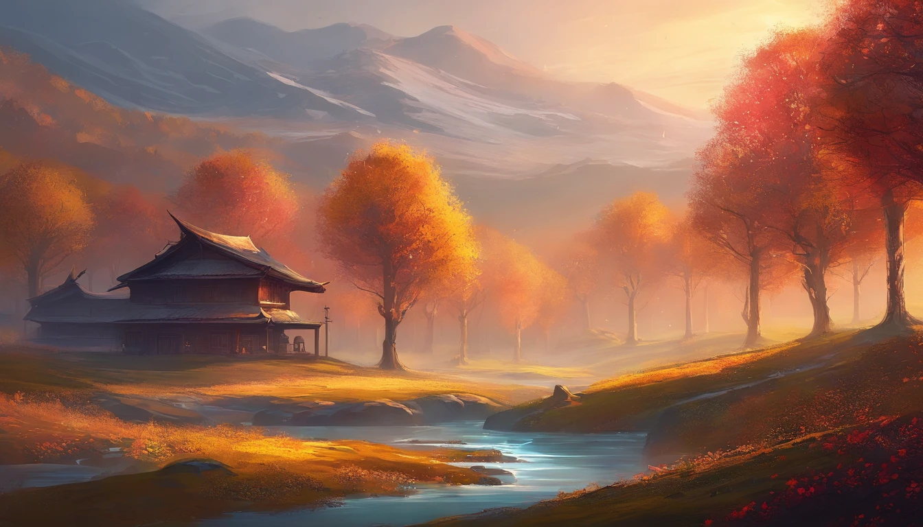 paisagem minimalista,A tranquil river flows through a sparse, bare forest of trees,Uma pequena colina pode ser vista ao longe,master part, melhor qualidade, alta qualidade, extremamente detalhado CG unidade 8k papel de parede, oil paiting, fotografia premiada, Bokeh, profundidade de campo, HDR, full bloom, color difference ,fotorrealista,extremamente detalhado, trending on artstationh, trending in cgsociety, intrincado, High detail, Dramatic, Arte por Midjourney, Volumetric lighting Three small houses Thick snow on the roof A dog ::Shinkai Makoto estilo radiante