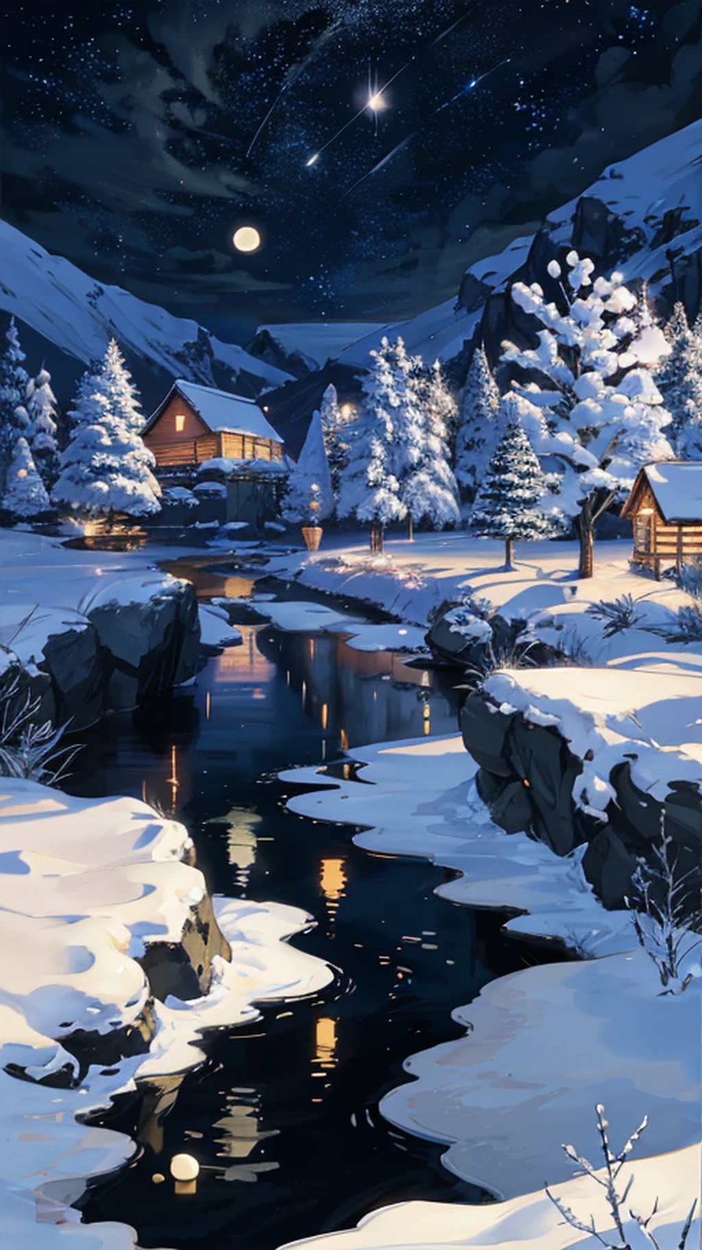 A painting of a river with stars and moon in the sky, concept art inspired by Tosa Mitsuoki, pixiv contest winner, best quality, fantasy art, beautiful anime scene, a bright moon, moonlit starry environment, dream painting, Anime Background Art, Fantasy Landscape Art, Fantasy Night, Anime Background, Background Artwork, Fantastic Art, Atmospheric Anime, Starry Sky, Detail Enhanced.
