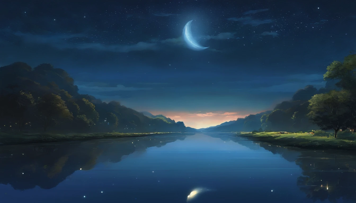 A painting of a river with stars and moon in the sky, concept art inspired by Tosa Mitsuoki, pixiv contest winner, best quality, fantasy art, beautiful anime scene, a bright moon, moonlit starry environment, dream painting, Anime Background Art, Fantasy Landscape Art, Fantasy Night, Anime Background, Background Artwork, Fantastic Art, Atmospheric Anime, Starry Sky, Detail Enhanced.