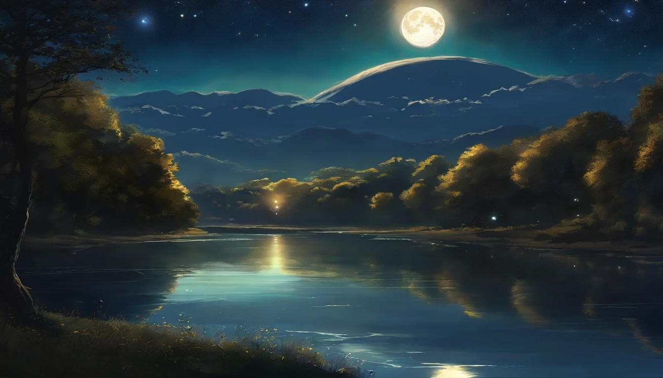 A painting of a river with stars and moon in the sky, concept art inspired by Tosa Mitsuoki, pixiv contest winner, best quality, fantasy art, beautiful anime scene, a bright moon, moonlit starry environment, dream painting, Anime Background Art, Fantasy Landscape Art, Fantasy Night, Anime Background, Background Artwork, Fantastic Art, Atmospheric Anime, Starry Sky, Detail Enhanced.