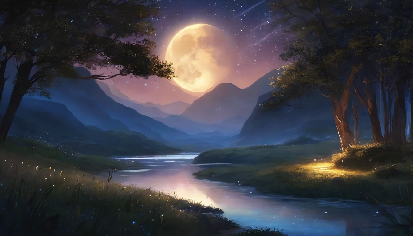 A painting of a river with stars and moon in the sky, concept art inspired by Tosa Mitsuoki, pixiv contest winner, best quality, fantasy art, beautiful anime scene, a bright moon, moonlit starry environment, dream painting, Anime Background Art, Fantasy Landscape Art, Fantasy Night, Anime Background, Background Artwork, Fantastic Art, Atmospheric Anime, Starry Sky, Detail Enhanced.