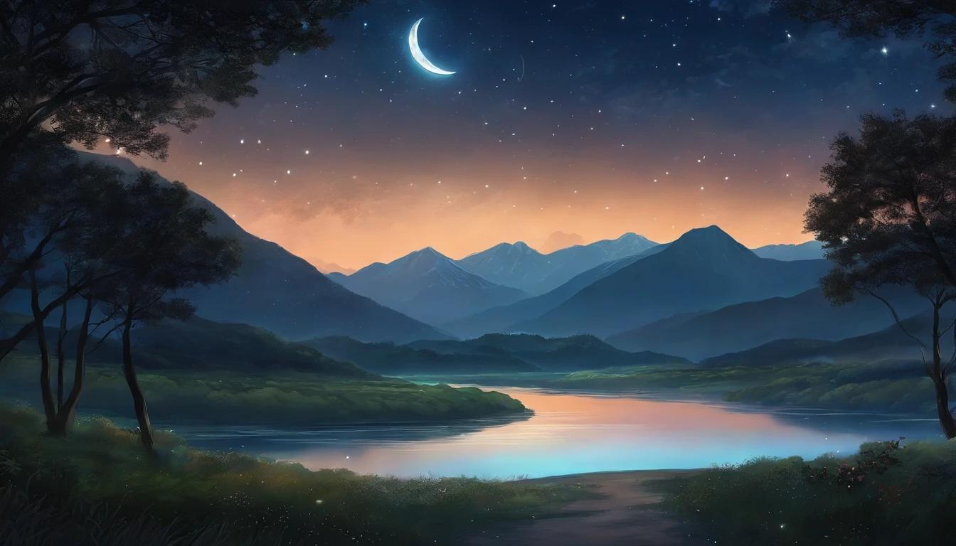 A painting of a river with stars and moon in the sky, concept art inspired by Tosa Mitsuoki, pixiv contest winner, best quality, fantasy art, beautiful anime scene, a bright moon, moonlit starry environment, dream painting, Anime Background Art, Fantasy Landscape Art, Fantasy Night, Anime Background, Background Artwork, Fantastic Art, Atmospheric Anime, Starry Sky, Detail Enhanced.