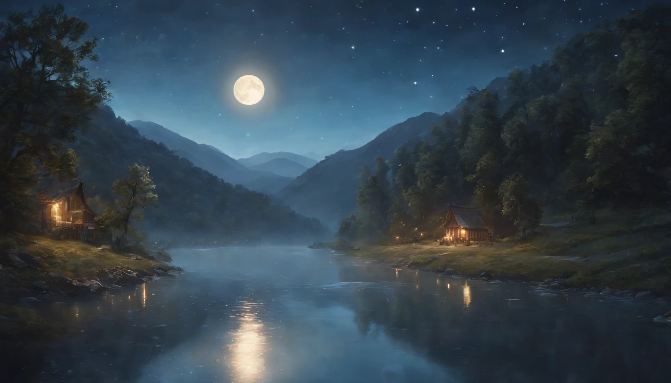 A painting of a river with stars and moon in the sky, concept art inspired by Tosa Mitsuoki, pixiv contest winner, best quality, fantasy art, beautiful anime scene, a bright moon, moonlit starry environment, dream painting, Anime Background Art, Fantasy Landscape Art, Fantasy Night, Anime Background, Background Artwork, Fantastic Art, Atmospheric Anime, Starry Sky, Detail Enhanced.