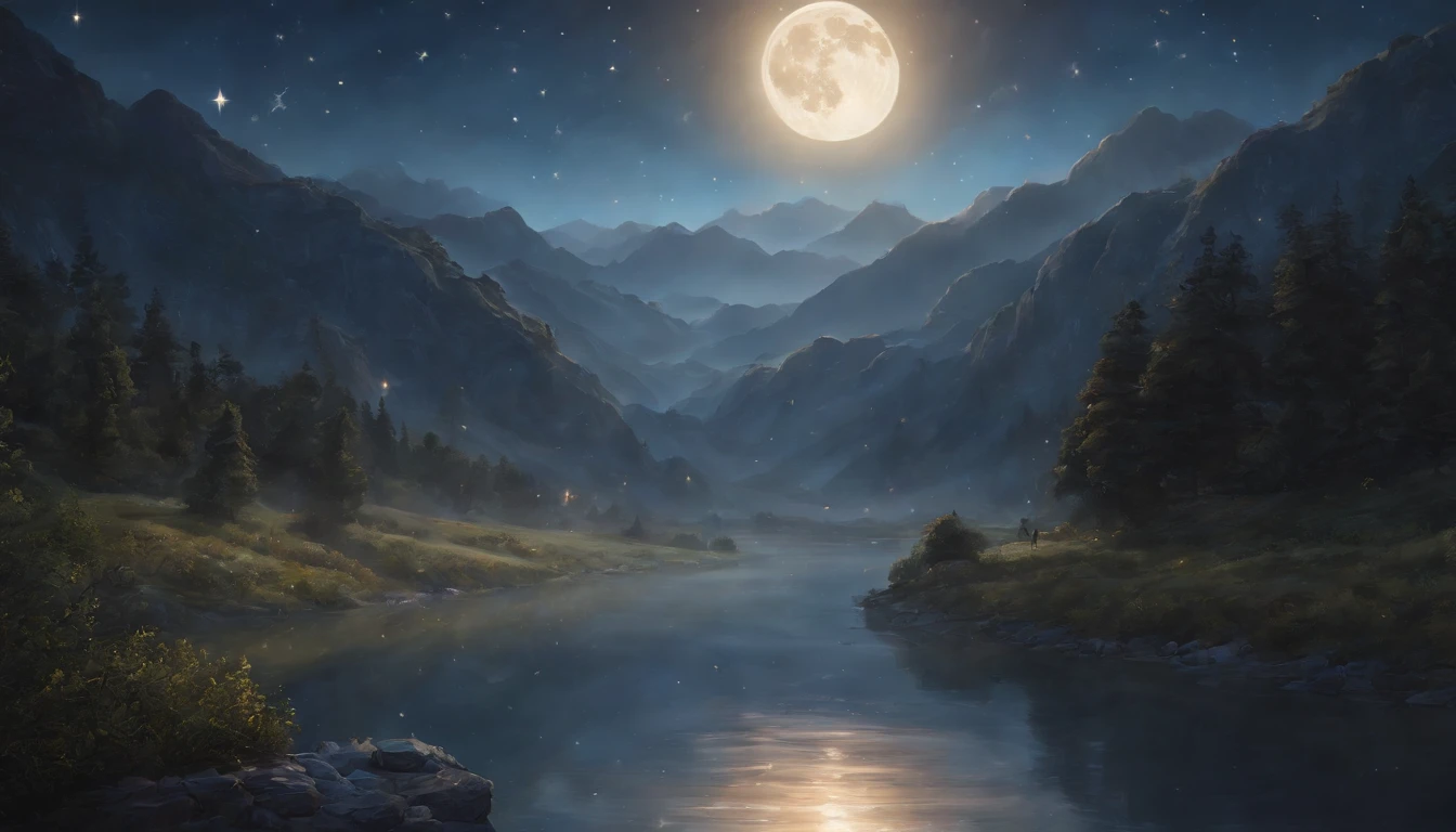 A painting of a river with stars and moon in the sky, concept art inspired by Tosa Mitsuoki, pixiv contest winner, best quality, fantasy art, beautiful anime scene, a bright moon, moonlit starry environment, dream painting, Anime Background Art, Fantasy Landscape Art, Fantasy Night, Anime Background, Background Artwork, Fantastic Art, Atmospheric Anime, Starry Sky, Detail Enhanced.