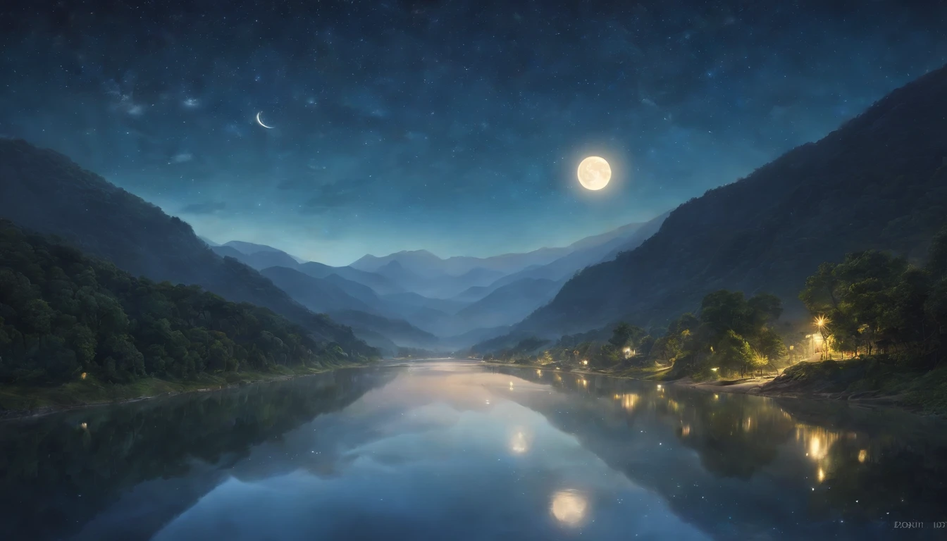 A painting of a river with stars and moon in the sky, concept art inspired by Tosa Mitsuoki, pixiv contest winner, best quality, fantasy art, beautiful anime scene, a bright moon, moonlit starry environment, dream painting, Anime Background Art, Fantasy Landscape Art, Fantasy Night, Anime Background, Background Artwork, Fantastic Art, Atmospheric Anime, Starry Sky, Detail Enhanced.