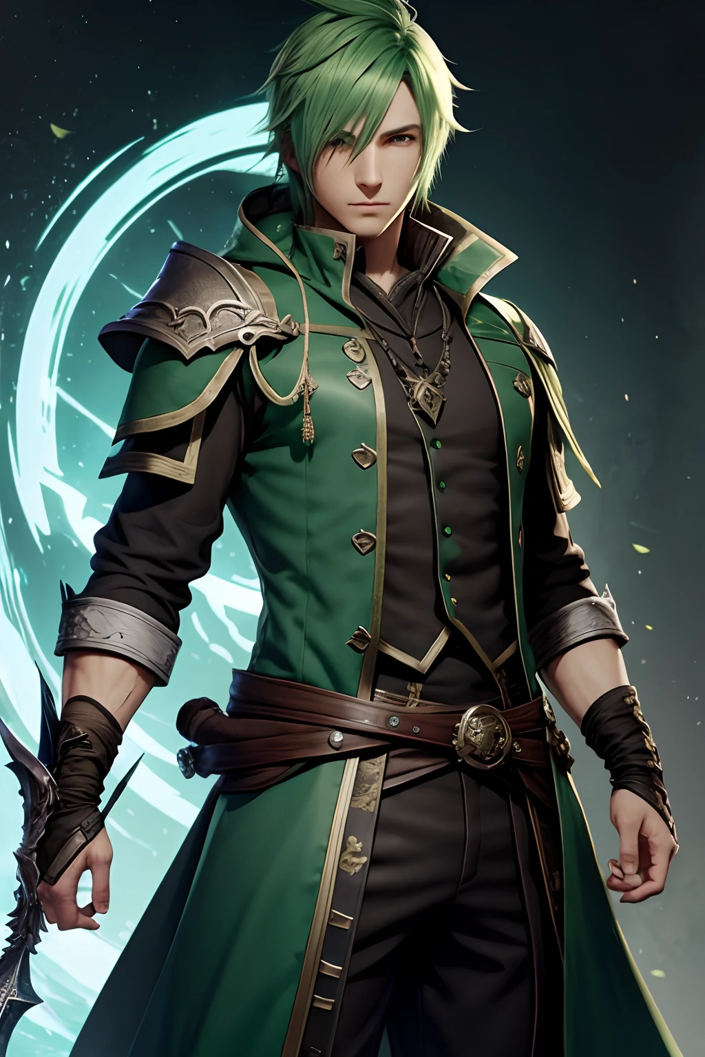 final fantasy xiv　Green hair　male people　Sorcerer　a cool