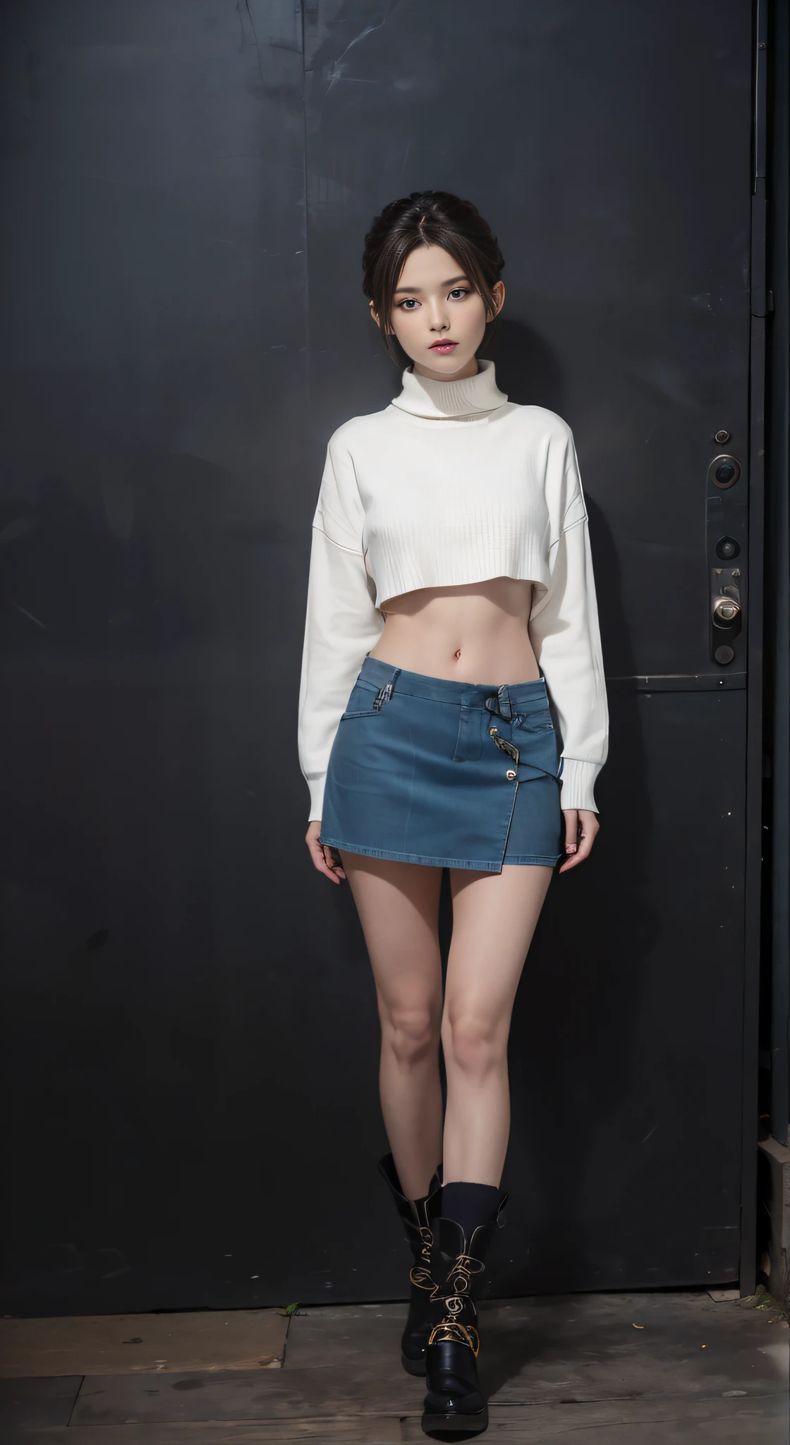 (masuter piece:1.3)、(8K、Photorealsitic、Raw photography、top-quality: 1.4)、(1girl in)、beautiful countenance、(Lifelike face)、(A dark-haired、short-hair)、
Beautiful hairstyle、realisticeyes、Beautiful details、（real looking skin）、Beautiful skins、absurderes、enticing、超A high resolution、A hyper-realistic、high-detail、the golden ratio、
((wide open abdomen))、((open abdomen))、((wide open navel))、((open navel))、((Mid-Riff Sweater))、((Ultra-low rise、Denim Mini Skirt))、
((Navel Ejection))、((small hips))、((long limbs))、((Full body depiction))、((small  hip))、(boots)、((Ultra-low rise))、((Denim Mini Skirt))、