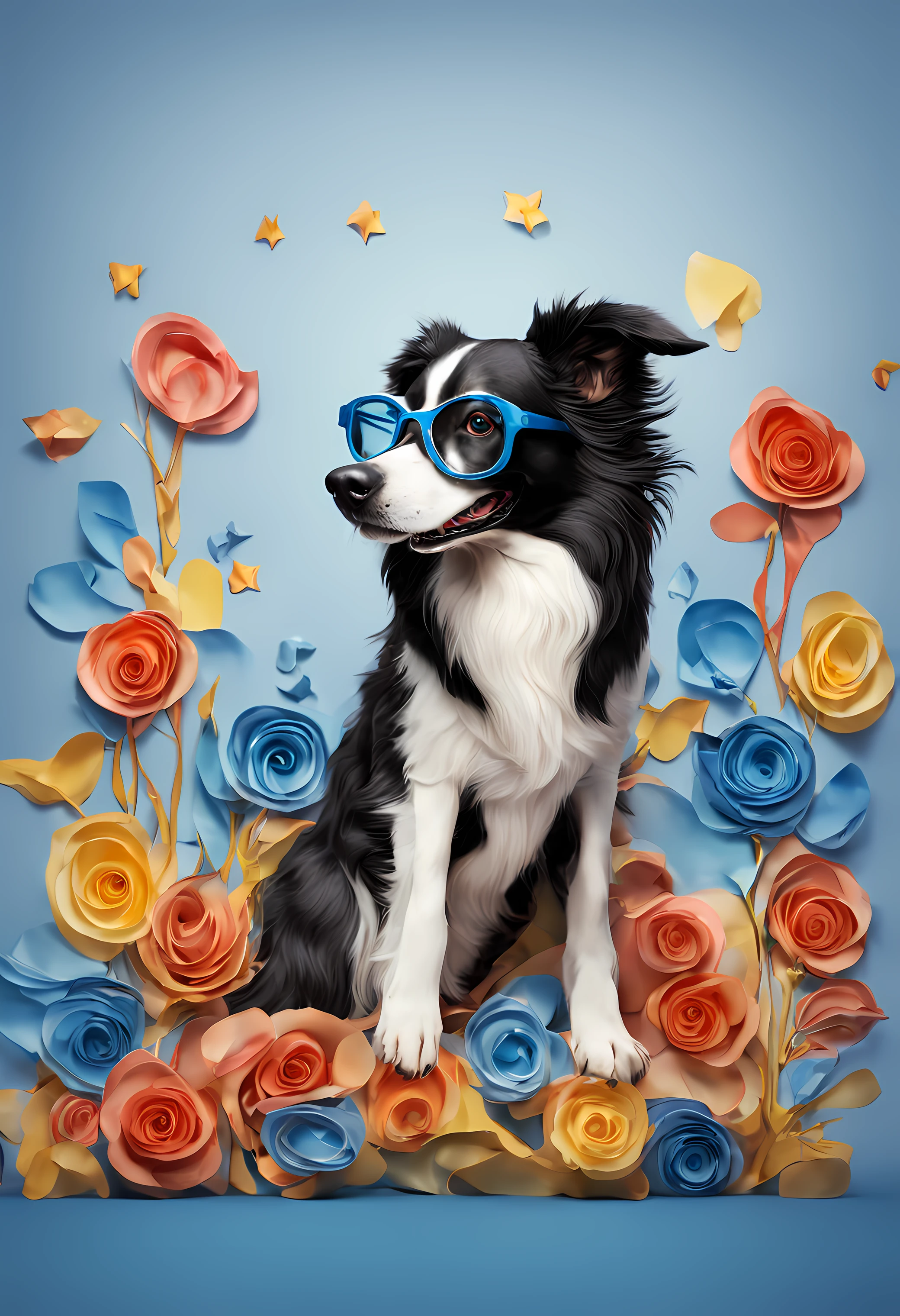 um cachorro Border Collie, pintura estilo 3D aquarela, Dog wearing blue DJ glasses, Collie dog wearing a pair of glasses , imagem completa, High resolution high contrast (fotorrealista:1.5), (Foto RAW, 8k UHD,