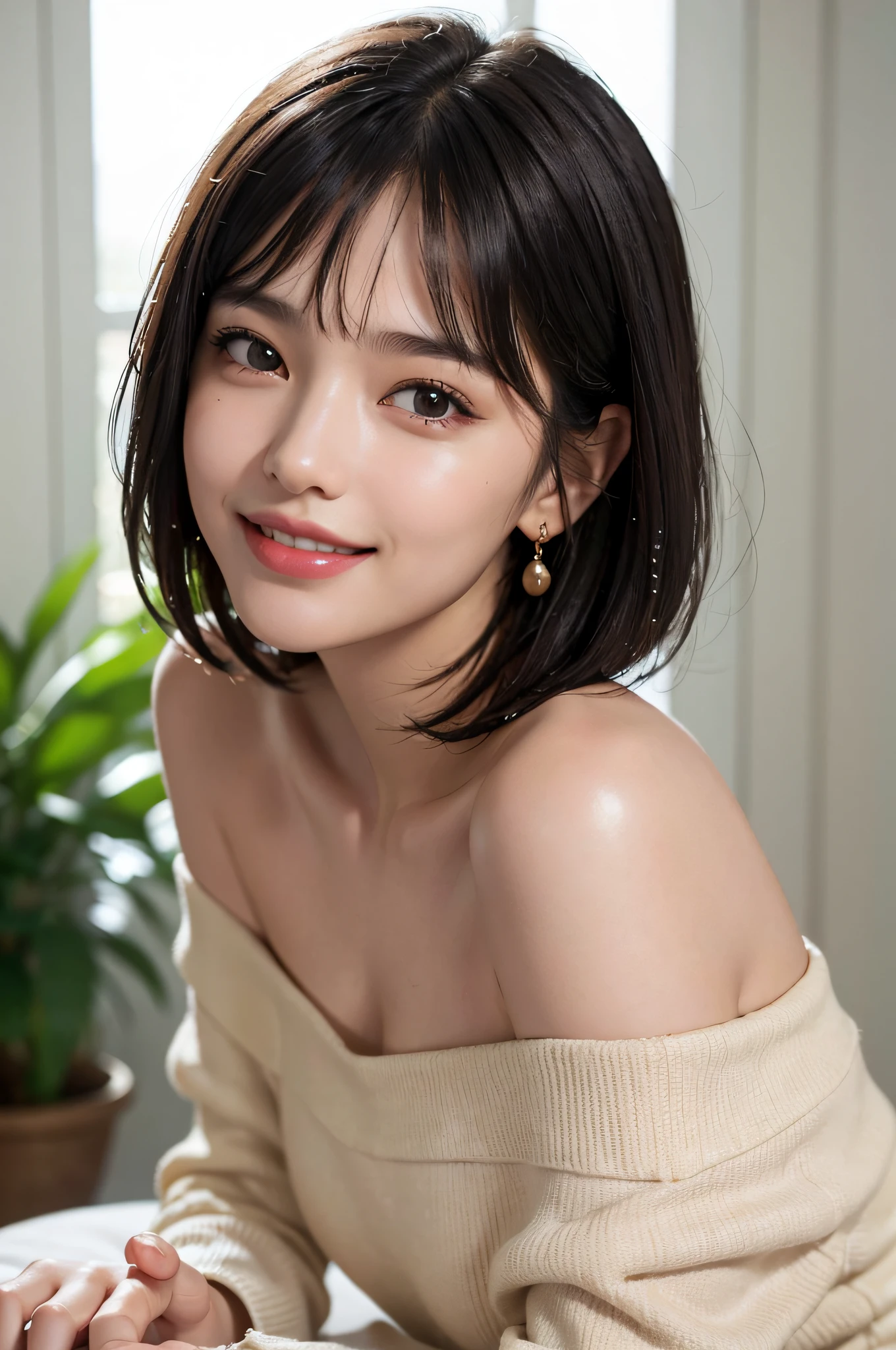 Top quality, masterpiece, (photorealistic: 1.4), One woman, Golden ratio, High angle shot, Upper look, Low angle shot, Perfect face, Beautiful figure, Cute face, Close up face, Zoom in on face, Short bob, Short hair, Smile from different angles, Smile, Gloss, Highlight, Gloss on skin, Glossy skin, Wet skin, Wet, Bangs, cute smile, bust, off-shoulder, refreshing charm, elegant, perfect hands, smile from an angle, smile, shiny, highlight, glossy skin, bangs, bust, big, warm off-shoulder, refreshing charm, ears out, gaze to camera, poses at different angles
